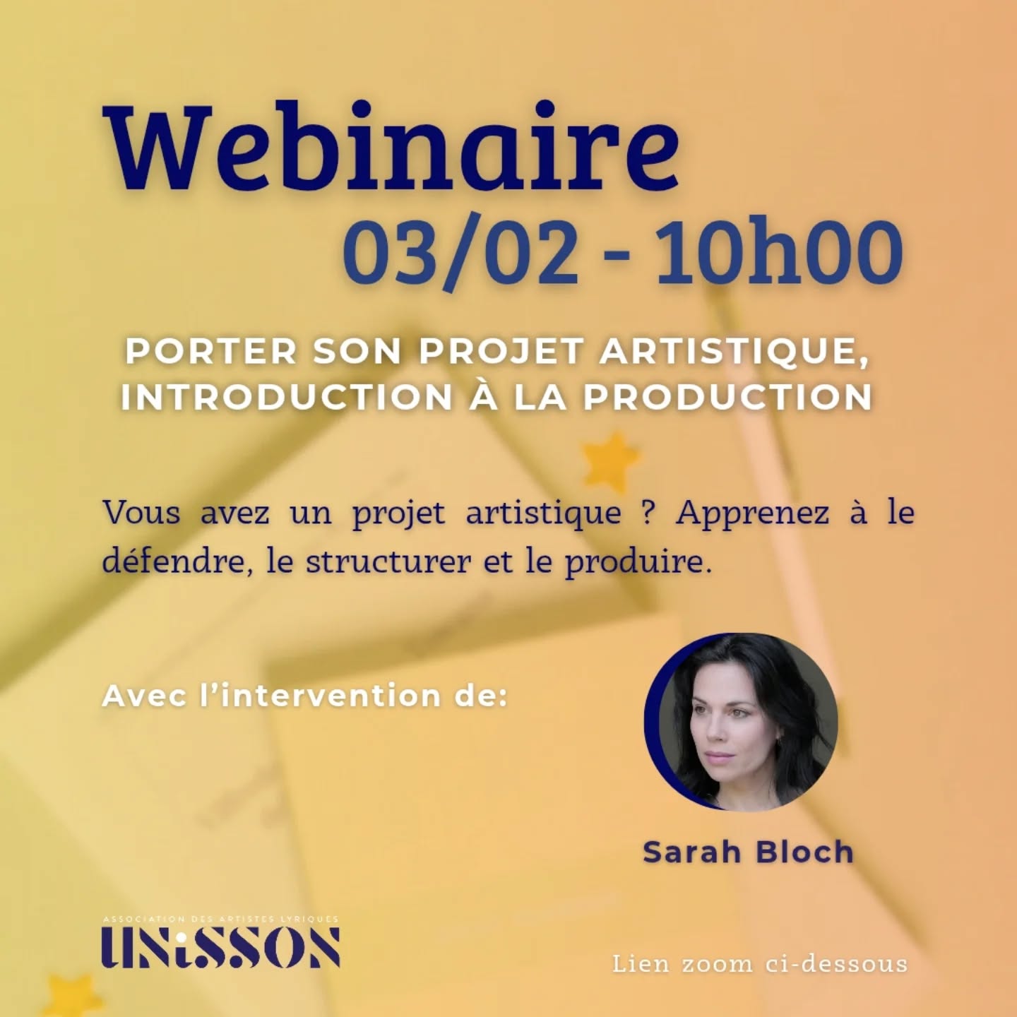 🎭 Vous avez un projet artistique ?🎶
Apprenez à le défendre, le structurer et le produire lors de notre webinaire dédié à l’introduction à la production artistique.
📅 03 février – 10h00
🎤 Avec l’intervention de Sarah Bloch
👉 Lien Zoom :
https://us02web.zoom.us/j/81952443589?pwd=Vh7336vKjfaCRqWLceXXMipSU1G8tk.1
ID de réunion: 819 5244 3589
Code secret: 079826
#webinaire #projetartistique #productionartistique #artistes #création
Crédits photo: Béatrice Sichez