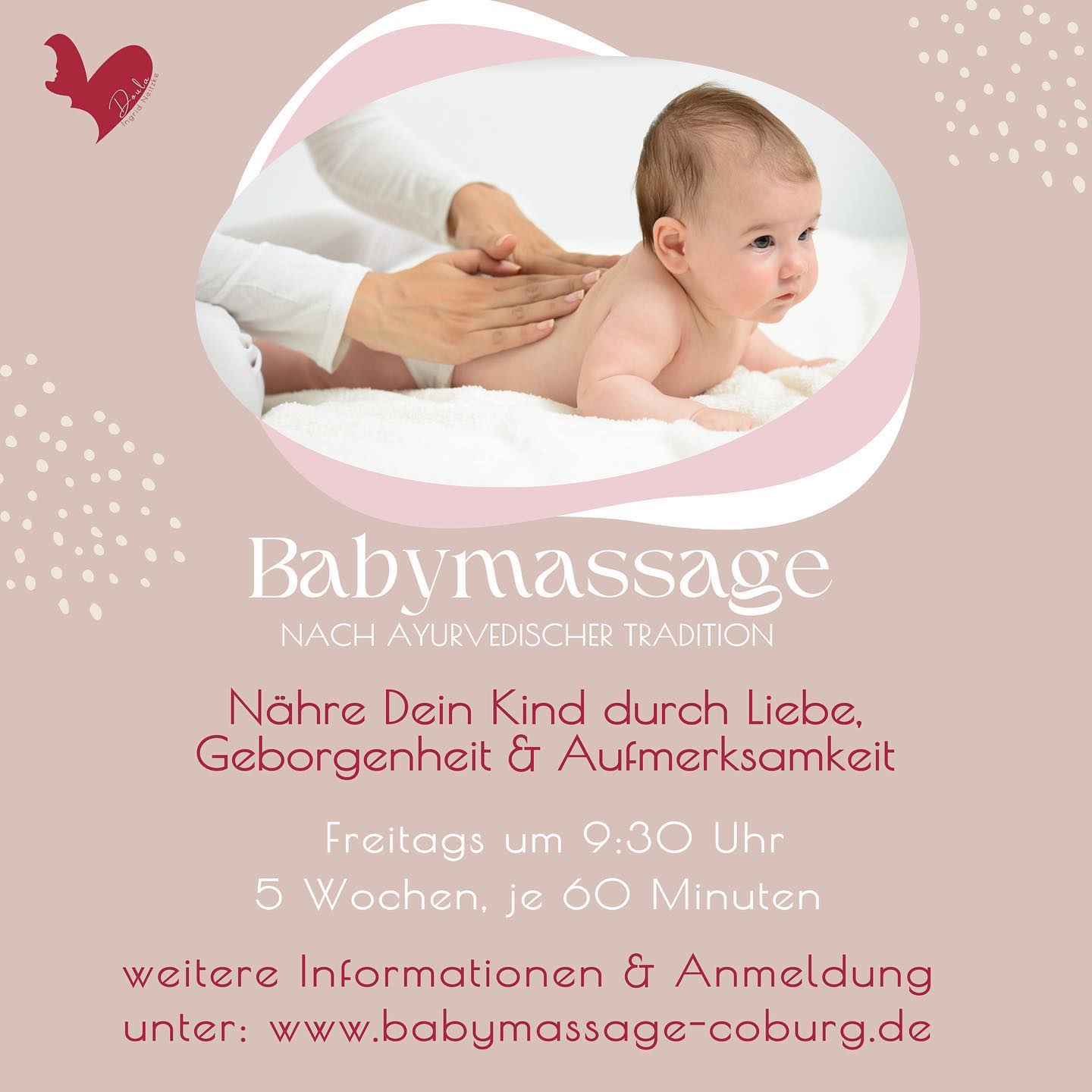 ♥️ BABYMASSAGE ♥️
NÄHRE DEIN KIND DURCH LIEBE, GEBORGENHEIT & AUFMERKSAMKEIT
Bei der Babymassage wir das Urvertrauen und die Eltern-Kind-Bindung nachhaltig gestärkt. Du lernst die Botschaften Deines Babys bewusst wahr zu nehmen und kannst Dein Kind somit achtsamer in den jeweiligen Entwicklungsphasen begleiten.
Ich zeige Dir, wie Du durch sanfte Stimulation bestimmter Akupressur Punkte Dein Baby während der Zahnentwicklung und auch bei Bauchschmerzen oder schmerzhaften Blähungen unterstützen kannst.
Die Funktion der Körperorgane wird angeregt und gekräftigt.
Die Babymassage wirkt stärkend auf die Rückenmuskulatur und beeinflusst die Wirbelsäule und den Körperbau. Muskeln werden entspannt und Verkrampfungen werden sanft gelöst.
Wir sprechen über die Wirkung der 5 Elemente in der Babymassage und ich zeige Dir geeignete Öle für eine wohltuende Massage.
Ich freue mich, Dich und Dein Baby in meinem Babymassage Kurs begrüßen & kennenlernen zu dürfen ♥️
Der Kurs ist für alle Kinder ab Geburt an geeignet #schwanger2023 #ayurveda #babymassages #baby #coburg