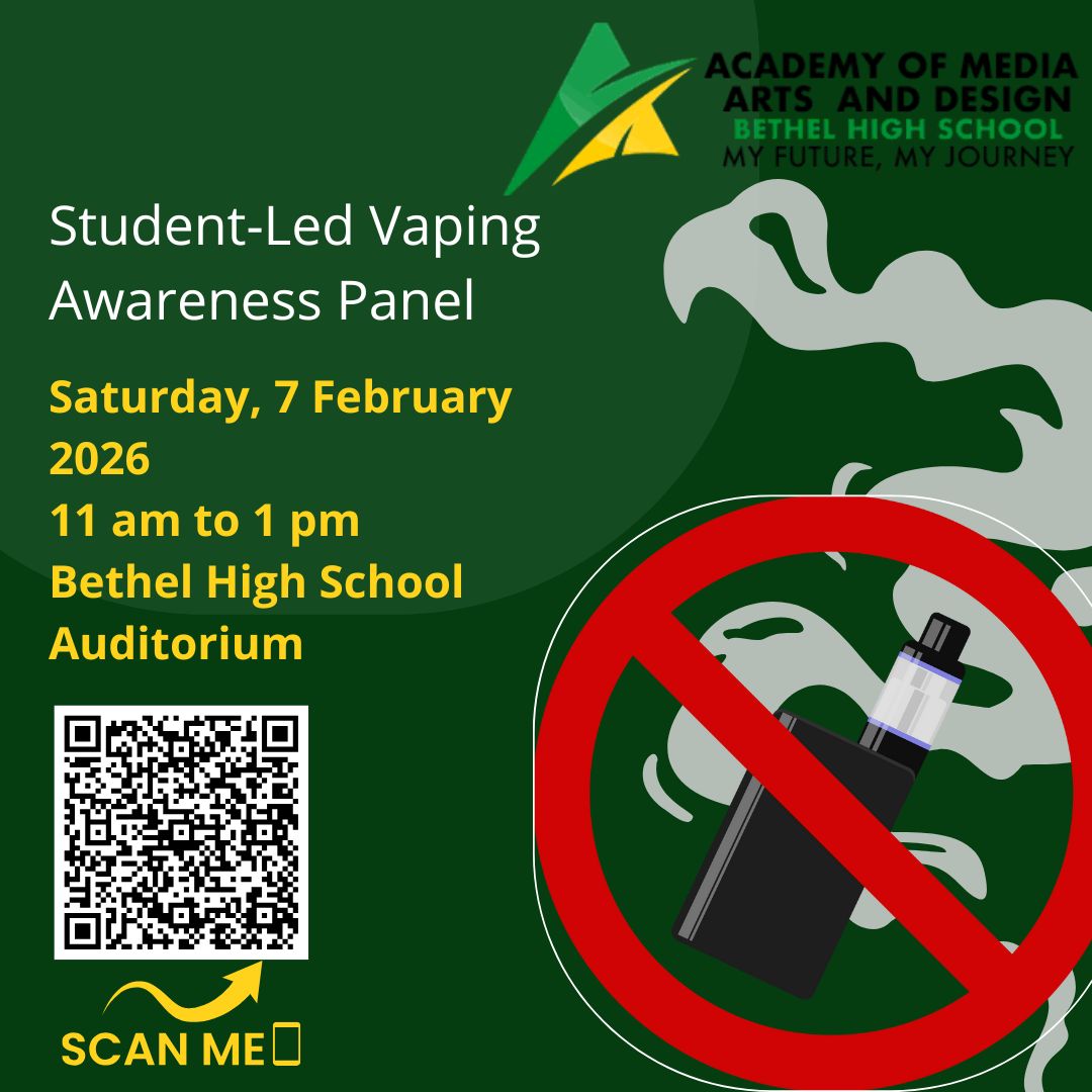 Student voices. Real talk. Community impact. 🚫💨
Join us for a Student-Led Vaping Awareness Panel as Bethel High School scholars lead the conversation on health, choices, and change.
📍 Bethel HS Auditorium
🗓 Saturday, Feb. 7 | ⏰ 11 AM–1 PM
👥 Open to the public
Scan the QR code to learn more & show support 💚💛
#StudentLed #VapingAwareness #BethelBruins #MADAcademy #YouthVoices #communitymatters