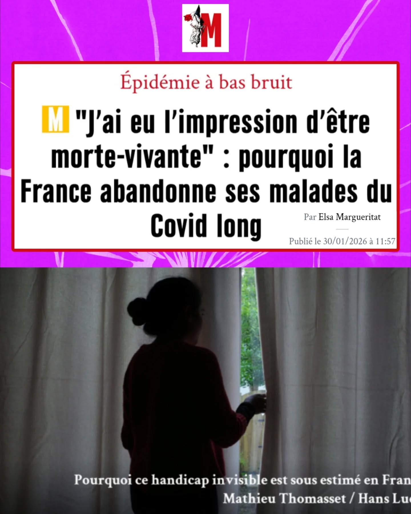 #CovidLong : « Là où d'autres pays ont choisi d'investir et de cesser l'aveuglement, la France persiste à traiter ces maladies comme un angle mort au risque d'en payer durablement le prix. »
« Les effets de ce décalage français se font déjà sentir. Dans un avis rendu le 7 novembre 2023, le Comité de veille et d'anticipation des risques sanitaires (COVARS) alerte sur une psychiatrisation des symptômes et une crise de confiance durable entre patients et soignants. »
« Autrement dit, à mesure que le phénomène s'étend, la médecine française continue de produire de l'errance et des prises en charge inadaptées. »
« Derrière ces vies suspendues, une question politique demeure : combien de temps encore l'invalidité post-virale restera-t-elle invisible ? »
@stephanie.rist @gouvernementfr @emmanuelmacron
Merci @mariannelemag !
#ApresJ20 @elsamargueritat
https://www.marianne.net/societe/sante/jai-eu-limpression-detre-morte-vivante-pourquoi-covid-long-et-fatigue-chronique-sont-sous-estimes-en-france