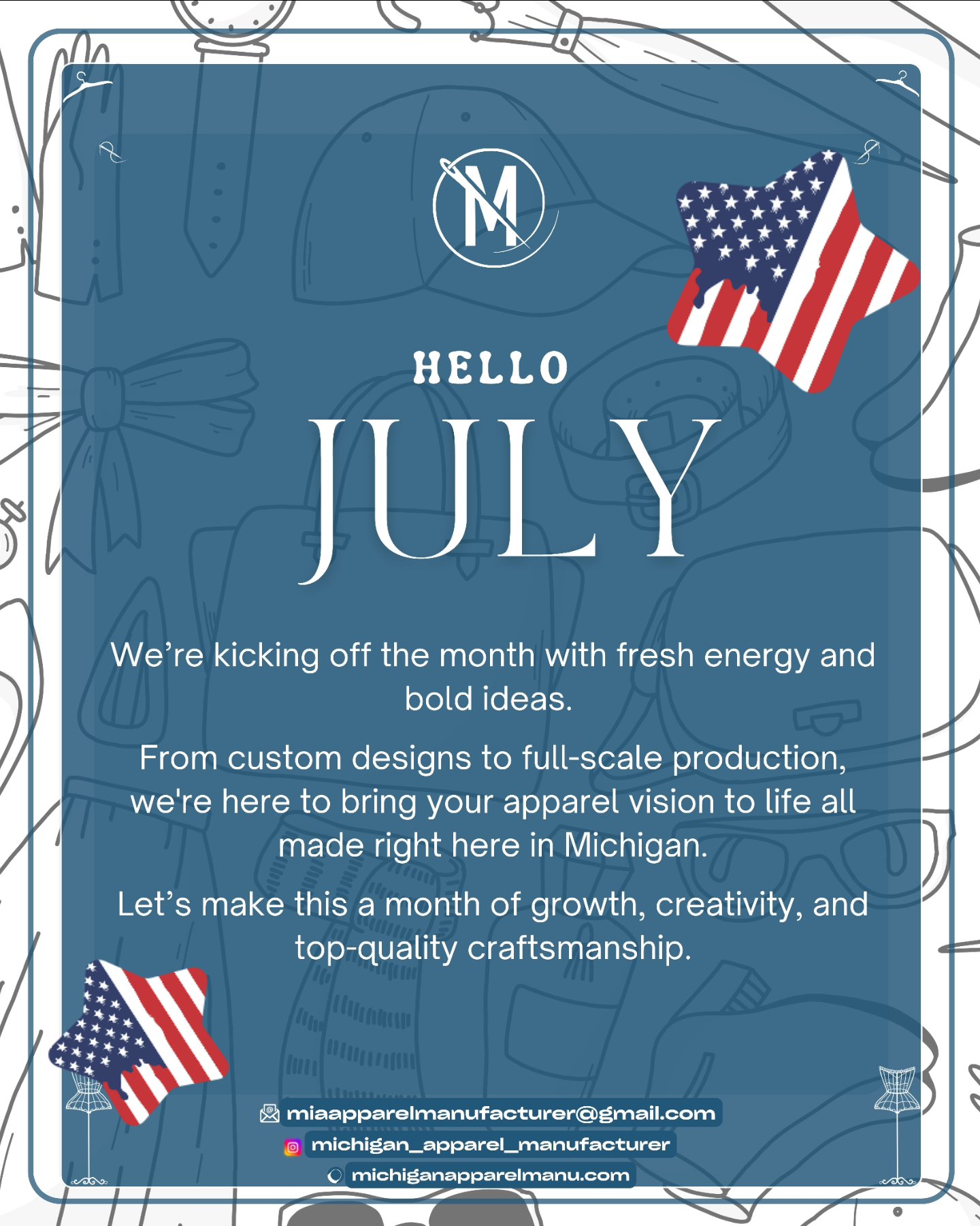 A new month means fresh opportunities to create, produce, and grow. We’re proud to support brands by making high-quality, American-made apparel, stitched right here in Michigan.
#MadeInMichigan #JulyGoals #CustomApparel #Newmonth #MichiganApparelManufacturer