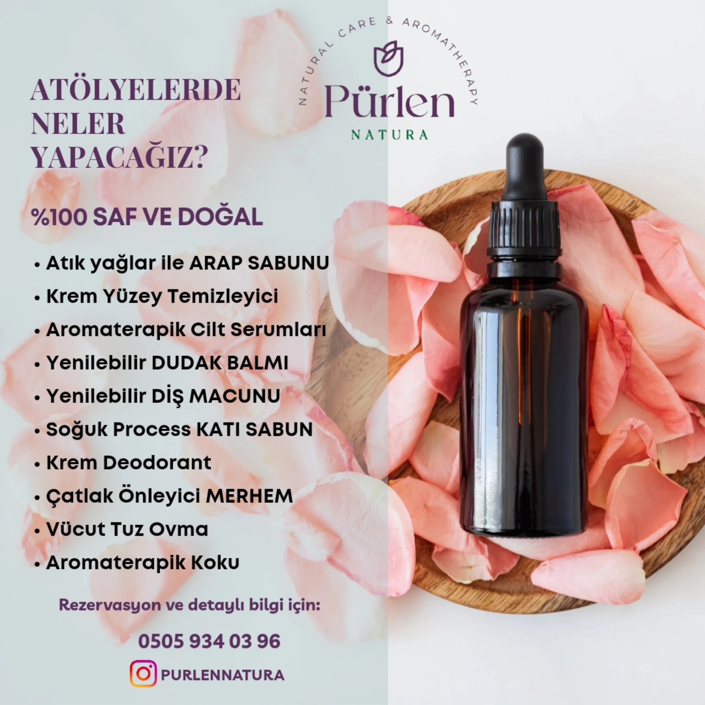 🔆Atölyelerimiz yüz yüze, Kayseri ,Talas ,Bahçelievler Pürlen Natura atölyesinde gerçekleştirilecektir.
🔆Kontenjan maksimum 10 kişi ile sınırlıdır.
🔆Bizi tanıtan, duyuran, yakınını alıp gelen her katılımcımız için özel indirim uygulanacaktır.
🔆Atölyeler hem teorik, hem uygulamalı olacaktır.
🔆Atölyelerde yaptığımız ürünleri katılımcılar evlerine götürebileceklerdir.
🔆Atölyeye katılımcılarına KATILIM BELGESİ verilecektir.
🔆Çay, kahve ve atıştırmalıklar ikramımızdır.🫶🏻
🔆Ambalaj atığı yapmamak adına kişisel bardaklarınızla gelmeniz , atolyeyi amacına uygun hale getirecektir😌🫶🏻
🔆 Atölyeler için detaylı bilgi için dm ya da gönderideki whatsap hattından ulaşabilirsiniz.
#purlennatura #doğalkozmetikatölyesi #kayseri
#kayseriatölye
#talasbahçelievler
#dogalatolye
#aromaterapi #aromaterapiatölyesi
#doğaltemizlik #doğaltemizlikatölyesi