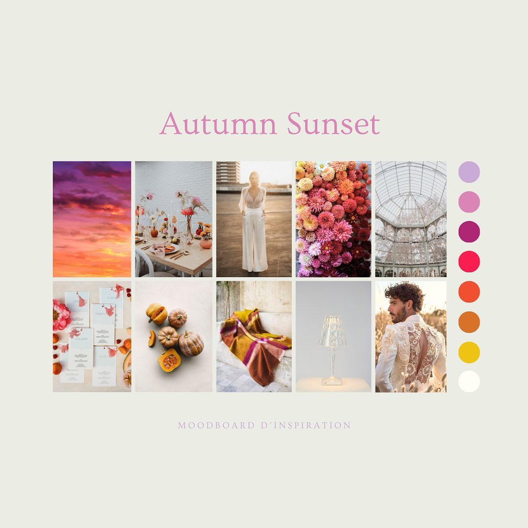 🌅
✨Moodboard « Autumn Sunset »✨
Voici un aperçu de l’inspiration derrière le shooting « Autumn Sunset ».
Des textures naturelles et des fleurs de saison. 🌸
Des couleurs chaudes et vibrantes, du violet lilas au jaune doré, en passant par l’orange des fruits et légumes d’automne. 🍊
Du blanc immaculé et de la transparence évoquant le givre de l’hiver à venir. ❄️
Le tout sur fond d’élégance minimaliste, pour un résultat à la fois contemporain et intemporel. 💫
#AutumnSunset #MariageAutomne #ShootingInspiration