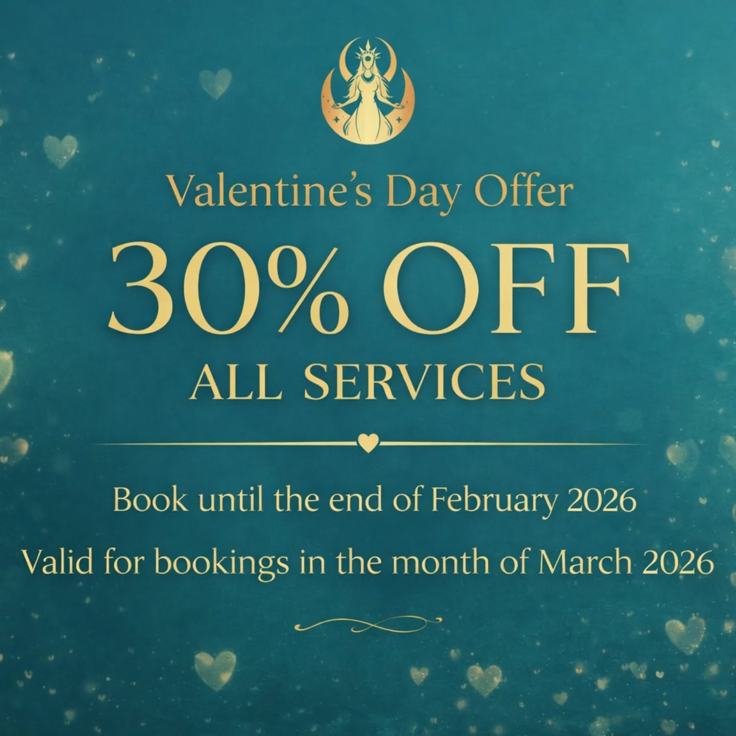 A gentle reminder
The 30% Valentine’s offer is still open Use code LOVE30 to book by 28th February 2026 for sessions in March 2026.
A loving invitation to gift connection, healing and remembrance for yourself or for someone who needs a moment of soul-level love and comfort.
#LOVE30 #ValentinesHealing #SacredConnection
#SpiritualGift #LoveBeginsWithin