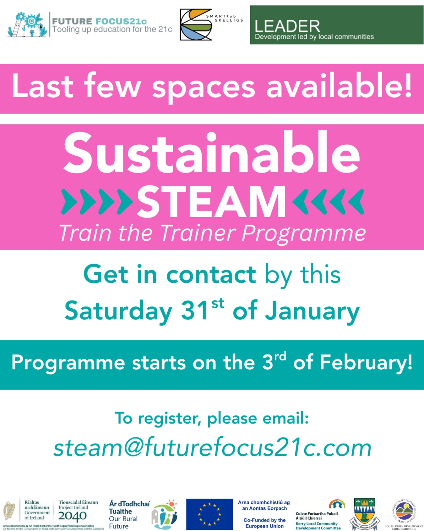 โณ Last few spaces available!
Join our Sustainable STEAM Train the Trainer Programme. Donโt miss your chance to be part of a growing community of educators and innovators. ๐ฑโจ
๐ฉ Register by: Saturday 31st January
โถ๏ธ Programme starts: 3rd February
๐ง Email: steam@futurefocus21c.com