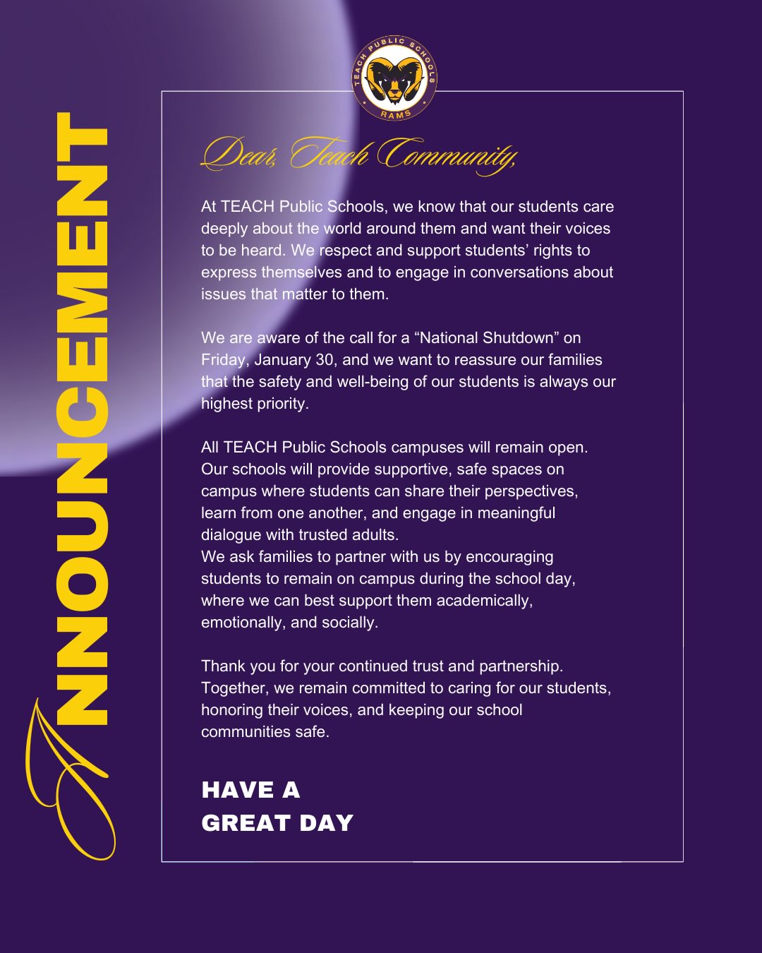 📢 Important Announcement for TEACH Families
Your partnership helps us keep our school communities safe, supportive, and connected. Please read the message for more information.