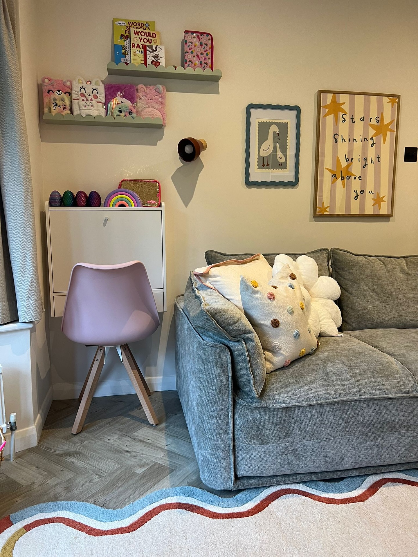 Clients after shots ✨🌼
This playroom is giving us all the feels this week! It’s funky, it’s colourful, it’s playful… & that’s so fun for kids to be their unapologetic selves in!
The brief stated that this is for two girls with a big age gap, 1 & 7 so needed to suit both of them together & individually.
We tend to include a sofa & TV in playrooms unless told otherwise, of course lots of storage & also accessible toys so little ones can easily get bits out to entertain themselves.
And for the older sister? The perfect little desk corner suitable for getting creative or homework / big girl stuff! We didn’t want little sis feeling left out or disturbing her big sister so having a small table & chairs was also a thought through choice - I mean who are we kidding, we can’t stop all the annoying younger sibling antics but we can certainly find ways to try! 🙃
Design elements like the wavy poster frames, wavy edged rug, lots of patterns & that gorgeous Terrazo wallpaper on the ceiling!!! Yes, ON THE CEILING make this extra special.
It was a glorious design to work on (swipe to the end to see the design page) and we’re so glad our client trusted us to implement everything exactly as we’ve said - usually this results in the very best outcome if I do say so myself! ☺️
Thank you so much to our lovely client for sharing these shots. It fills us with so much joy seeing the designs come to life!
I have tagged all suppliers where possible! 🔖 Any questions please let us know!
Bookcase / storage units - @ikeauk
Sofa bed - @koala
Desk - @etsyuk
Desk chair - @fusion.living
Bean bag, Play Table & chairs - @sorenshouse
Ottoman - @swyft_home
Storage boxes - @habitatuk
Rug & storage baskets - @dunelmuk
Cushions & shelves - @hmhome
Daisy Cushion - @daals.co.uk
Posters - @simplyextrajordanary
Wiggle frame - @almaframes
Wall light - @madedotcom
Wallpaper - @munksandme (Terrazo spritz)
Paint - @coatpaints (cats cradle)
Storage crates - @scandiborn