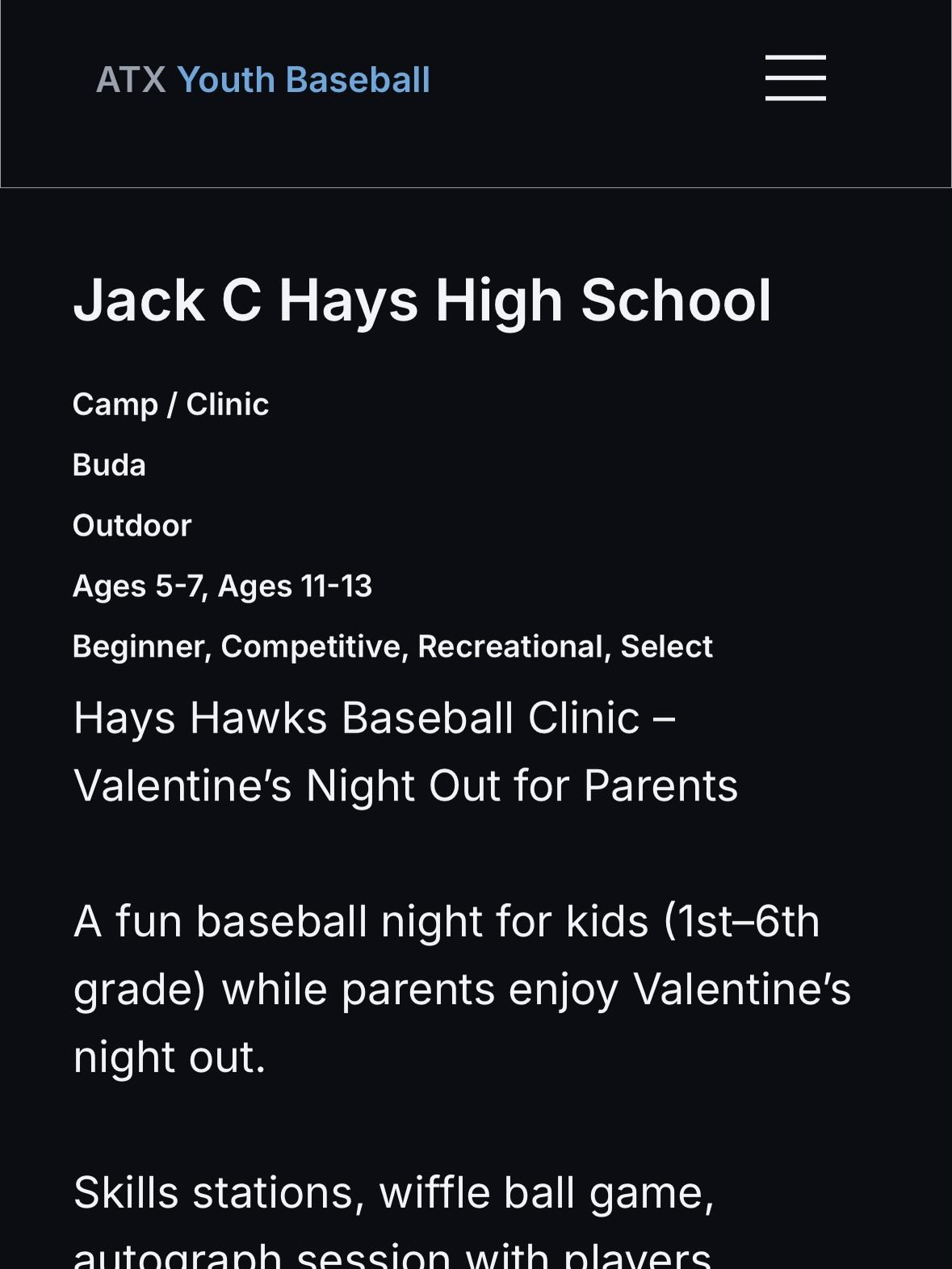 Valentine’s Night Out for Parents
Looking for a kid-friendly “date night” option? Hays Hawks Baseball is hosting a fun clinic/night out with games, skills stations, pizza + drinks, and more.
Saturday, Feb 14, 2026
6:00–8:00 PM (check-in starts 5:30)
Hays High School Baseball Field
Ages: 1st–6th grade
$30 per child
Sign-up deadline: Sunday, Feb 8, 2026
Activities include: Skills Stations, Wiffle Ball Game, Autograph session w/ players, custom Hawks souvenir, pizza & drinks.
Register by scanning the QR code on the flyer.
Questions: hayshawksbaseball@gmail.com