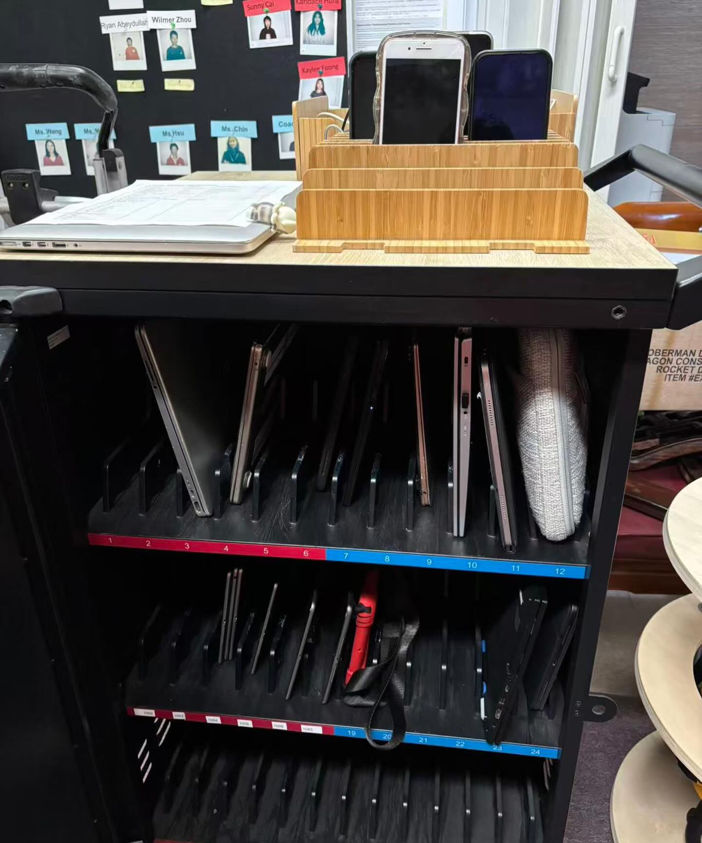We are a cell phone free school, and this is our device cabinet. All cell phones and laptops are kept in the cabinet all day, except when laptops are needed during class. They are promptly returned after class. Nowadays, people are increasingly aware of the harm that electronic devices can cause to students, preventing them from focusing on their studies or communicating with others. Our school has seen this first hand. Even when using computers for learning, some students are tempted to visit gaming websites. Therefore those sites are blocked from our school network. #chineseimmersion #sanfrancisco