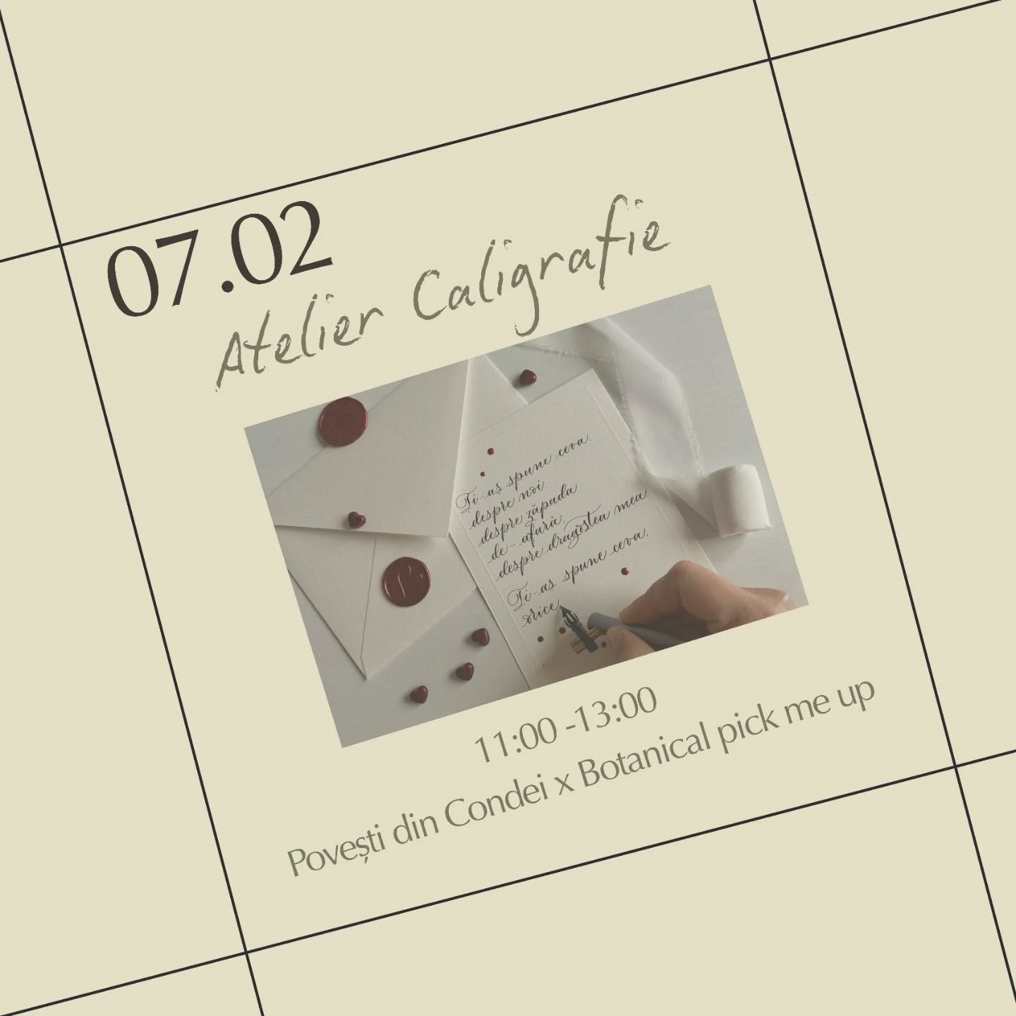 Primul atelier de februarie te invită să dai viață emoțiilor prin scrisul de mână. 🖋💌
Hai alături, sâmbătă, 7 februarie, 11:00-13:00, să descoperi de la Raluca, @povestidincondei, micile secrete ale caligrafiei, care te vor ajuta să așterni pe hârtie cele mai frumoase litere. O scrisoare către tine sau cineva drag, exact așa cum o simți.
7 februarie (11:00-13:00) | 220 lei | 8 locuri disponibile | @botanicalpickmeup.ro, înconjurați de muzică pe vinil, flori proaspete, plante și obiecte frumoase.
Detalii și înscriere în link-ul din bio (linktree)
Cu drag de frumos,
Ela & Raluca