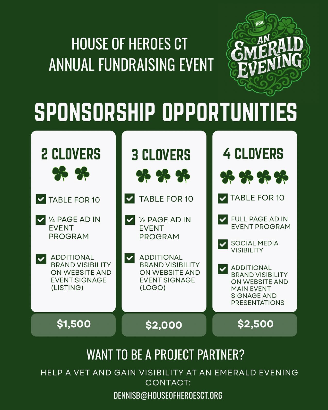 💚 Calling local businesses & community partners! 💚
Sponsor our Hearts & Heroes Gala: An Emerald Evening on March 14 — our largest fundraiser of the year supporting local Veterans.
✨ High-visibility brand exposure
✨ An unforgettable night
✨ Real impact for those who served
Plus, sponsors can extend their support as 2026 House of Heroes Project Partners, including a hands-on Day of Service helping a Veteran.
🔗 Learn more: hohct.org
📧 Email: dennisb@houseofheroesct.org