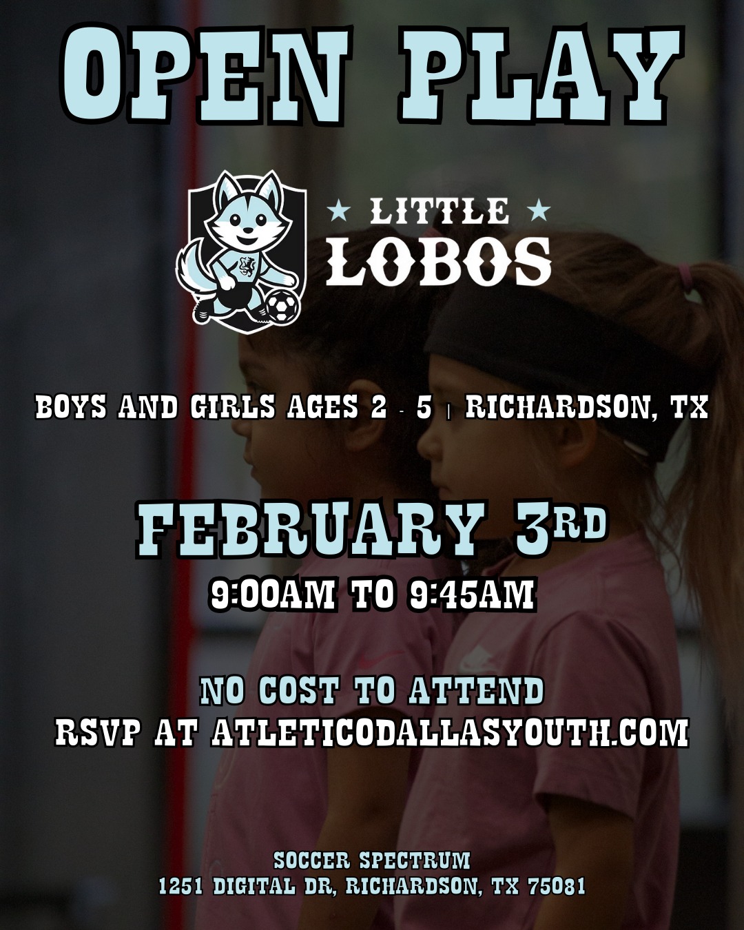 📅 New Date Alert
Due to the weather, Little Lobos Open Training has been moved 🌧️❄️
📅 February 3rd at 9:00 AM ⚽🐺
⏰ 9:00 AM
📍 Soccer Spectrum – Richardson, TX
A fun, welcoming soccer program for boys & girls ages 2–5 to learn the basics, build confidence, and have a blast on the field 🩵
Come see why Little Lobos is the perfect fit for your little player!
✨ Free to attend ✨
RSVP at atleticodallasyouth.com/events or link in bio