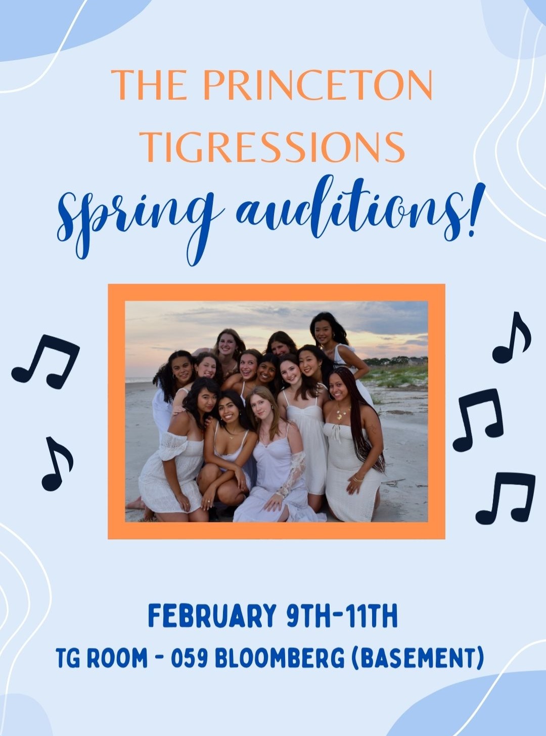 It's that time of year again (spring auditions for the TGs!!!) We're so excited to meet you all 😁 Some reminders/updates...
We will be performing at ARCH SING Thursday, January 29 at 10 PM! Come to Blair Arch to hear some highlights from our rep!
We will be hosting an OPEN HOUSE on Saturday, February 7, from 3-5 PM in Bloomberg 059. Feel free to stop by and meet our current members!
Finally, our auditions will be on Monday, February 9th and Tuesday, February 10th (slight change from the poster). Sign up for a 15-minute slot on Calendly (link on website!)
TFG 💙🧡