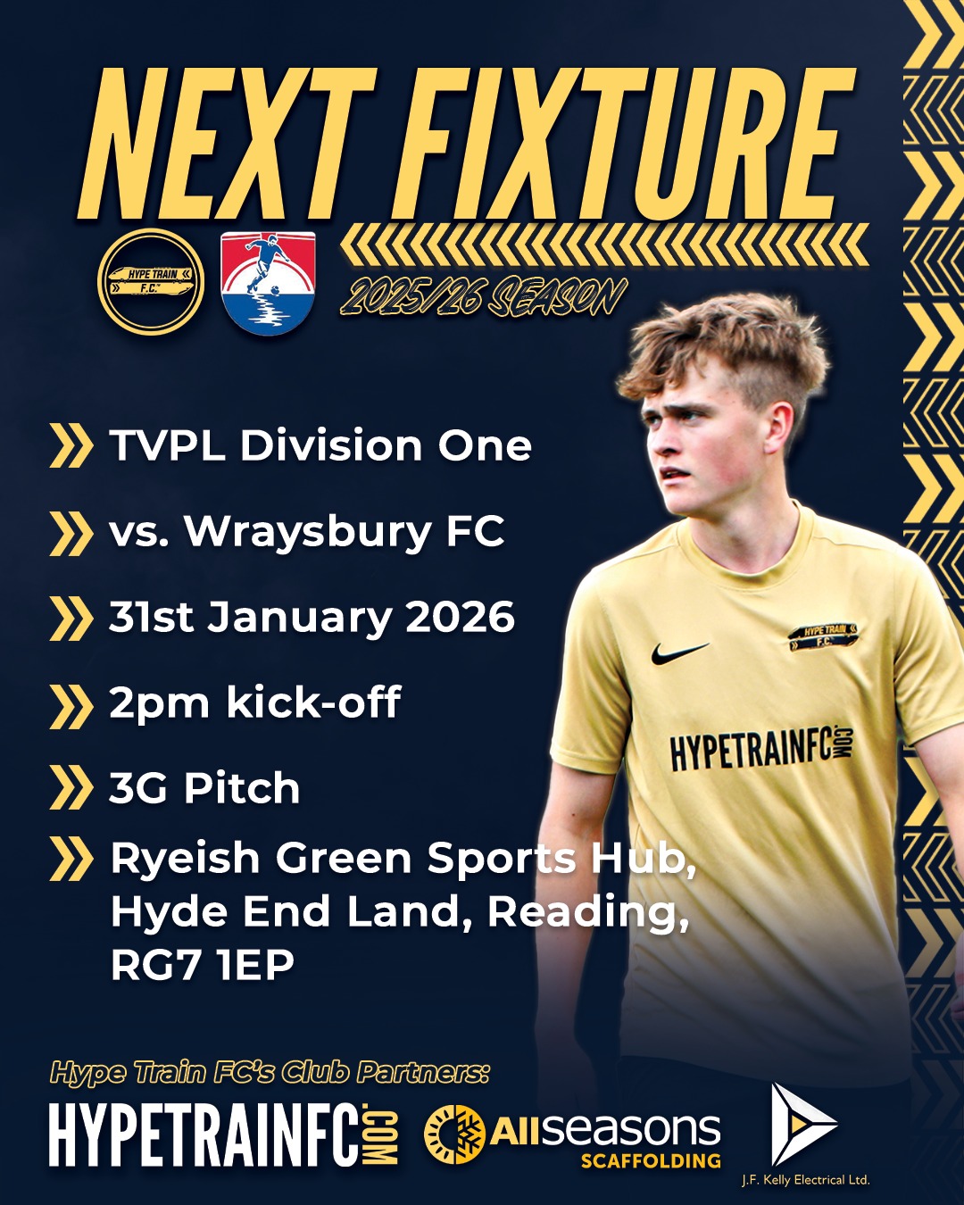 After just 2 games in 3 months, it's finally gameday for The Train tomorrow as we host @wraysbury_football_club in @thamesvalley_pl's Division One 🚄⚽️
Here are details about our 10th league game of the season!
Thank you to @allseasonsscaffoldingltd and JF Kelly for your sponsorship this season!
#TheHypeTrain #HTFC #HypeTrainFC #Football #Soccer #GrassrootsFootball #HypeTrain #Hype #Next #TVPL #SaturdayLeague #football #footballseason #footballgame #footballteam