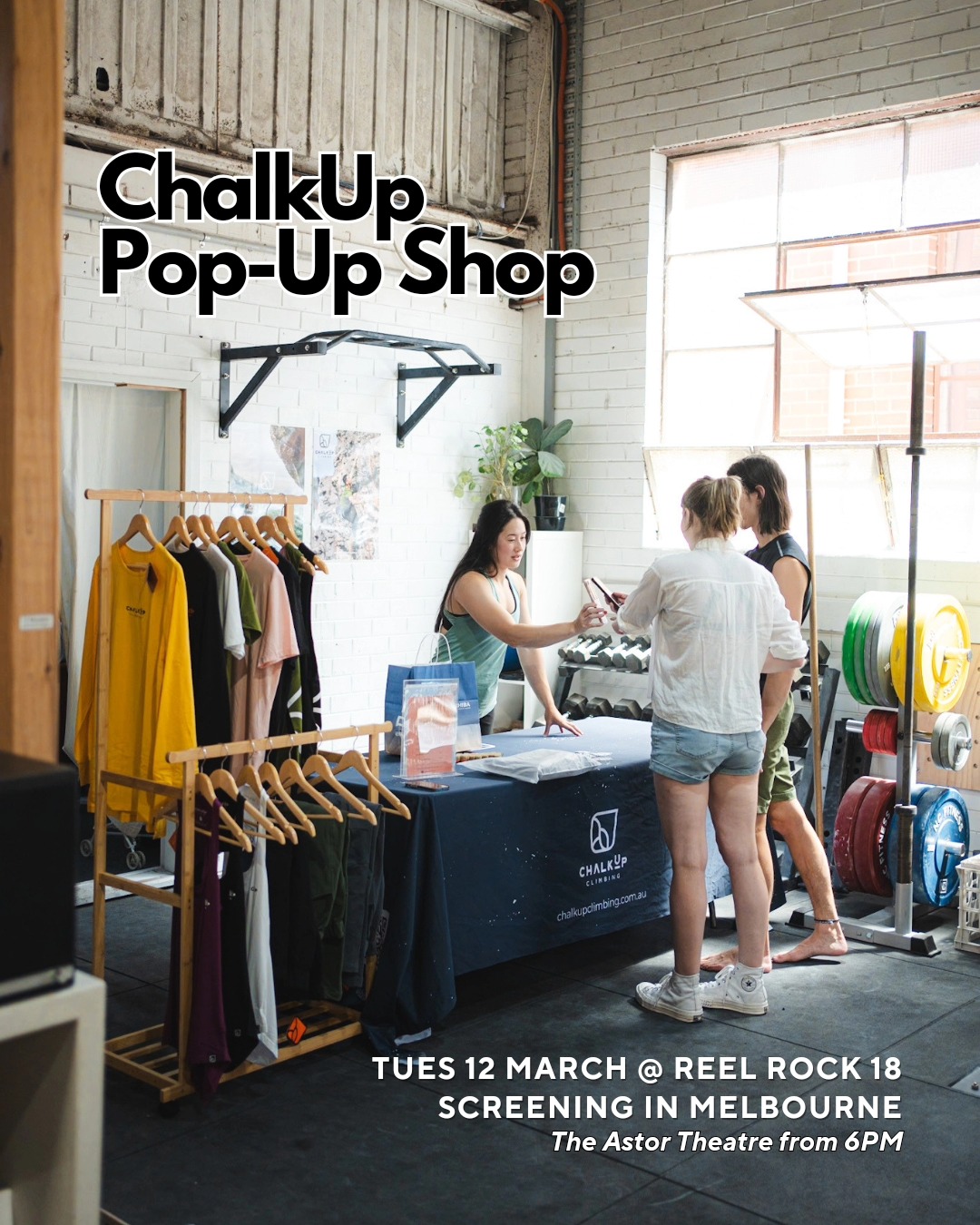 Join us at the Reel Rock 18 screening night next Tuesday, March 12th. 🎥 Our ChalkUp pop-up shop will be at the event! 🙌⠀
⠀
Swing by from 6pm till showtime and snag 10% off on all apparel ✨️⠀
⠀
Gear up for your next climb in style! ⠀
⠀
If you haven't grabbed your tix yet, use code CHALKUP for $5 off, head to @reelrock_anz for more info. ⠀
⠀
C U there! 😎⠀
⠀
#ChalkUpClimbing #ReelRock18 #MelbourneClimbing #rockclimbing #bouldering #movienight #popupshop #theastortheatre #shoplocal #sale #climbingapparel #apparel 🏔️