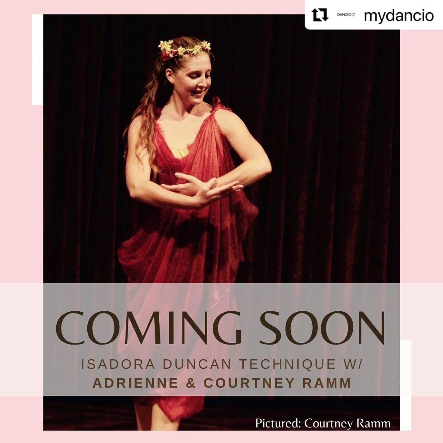 #Repost @mydancio
・・・
COMING SOON ✨❤️ known as the mother of modern dance, Isadora Duncan lives on through teacher’s Adrienne Ramm and Courtney Ramm.
Find freedom, breath, and clarity in an exploration of the Isadora Duncan Technique.