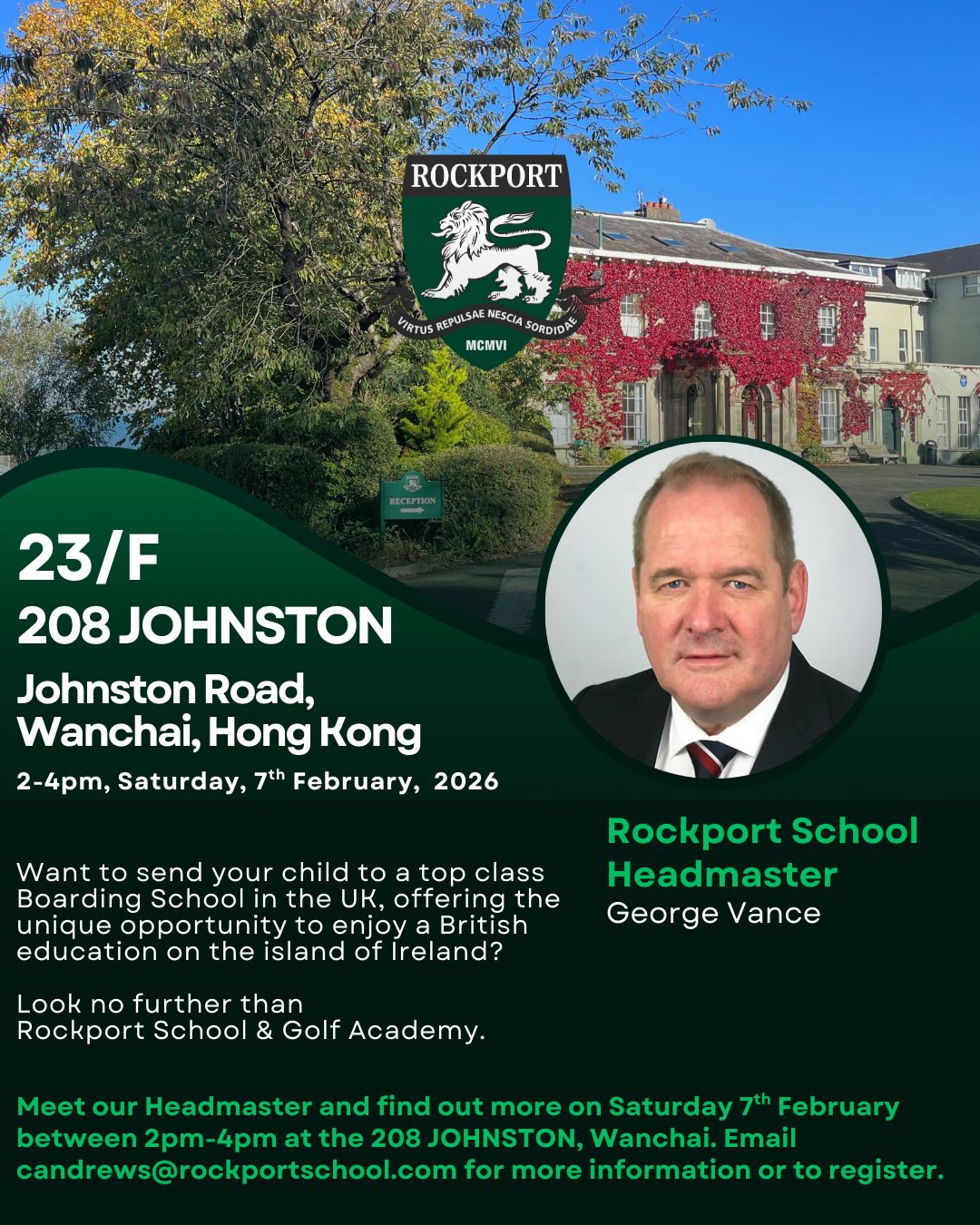 We’re delighted to be returning to Hong Kong to meet prospective families and reconnect with Old Rockportian families.
This visit also marks the launch of our Rockport120 Scholarship Programme, supporting excellence in Science, Mathematics, Music, and Sport.
Please share with your networks, and join us if you’re in Hong Kong.