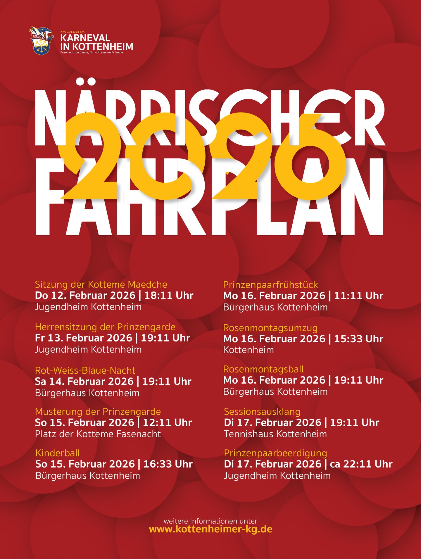 In genau zwei Wochen geht es in die heiße Phase 😍🎉
Hier alle Termine am Karnevalswochenende im Kottenheimer Karneval. ❤️🤍💙
Wir freuen uns auf jeden der mit uns feiert🎉❤️