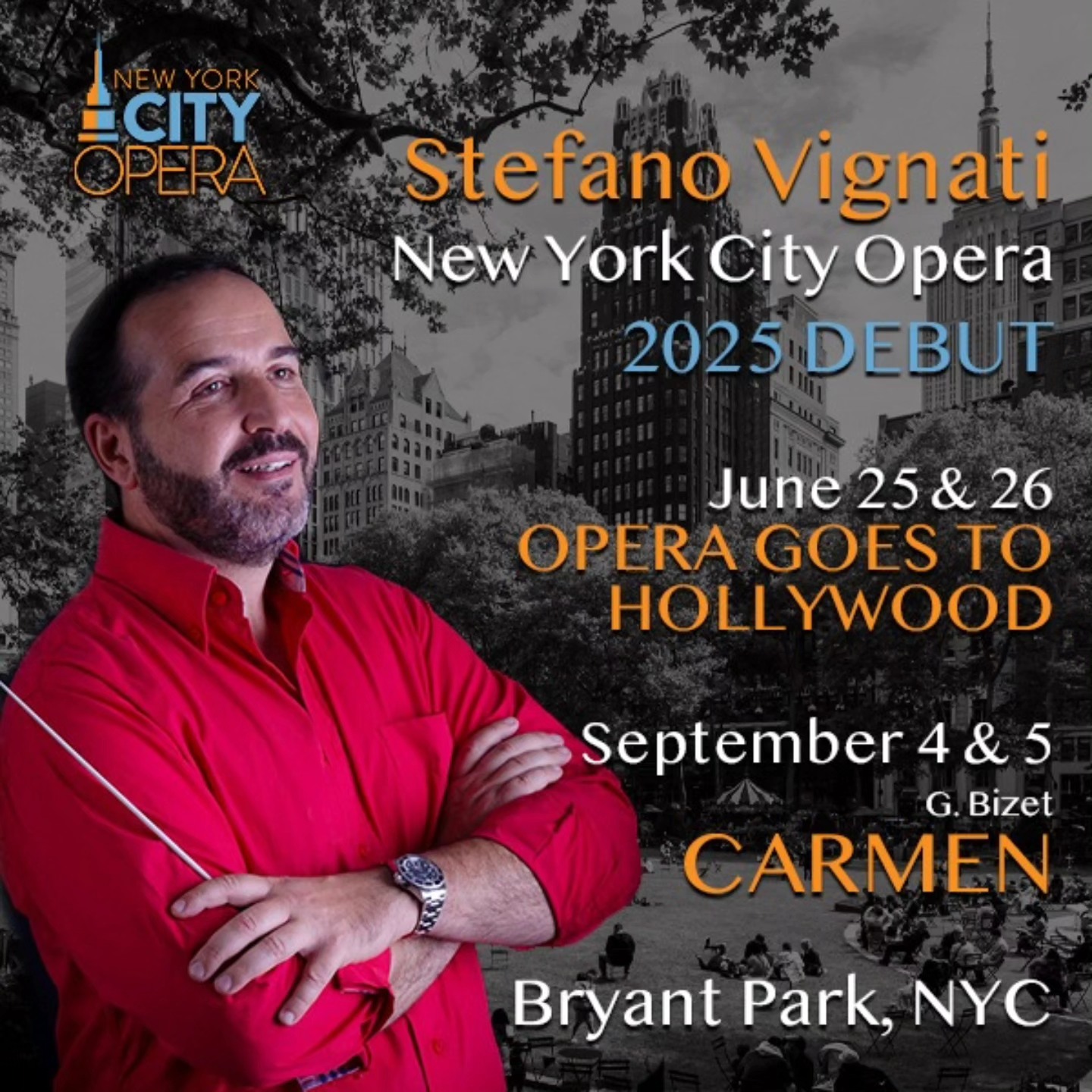 Thrilled to make my house debut with New York City Opera! Honored to join this iconic company and bring this fiery music to life on stage. Let’s do this!
.
.
.
.
.
.
.
.
.
.
.
.
.
#Maestro #Stefanovignati #Conductor #Opera #Concerts #CarmenNYCO #HouseDebut #NYCO #OperaLife #Bizet #Carmen #NewYorkCityOpera #OperaSinger #OnStage #ClassicalMusic #operalover #newyork #nyc #ny #bigapple #bryantpark