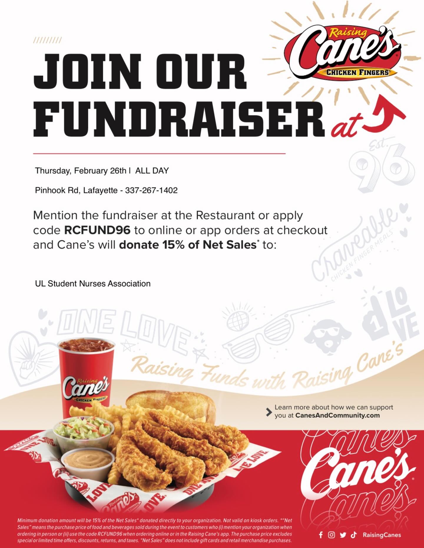 🩺🍗 ULSNA Fundraiser at Canes! MENTION ULSNA!
Grab some Canes and support future nurses! 🥼
A portion of proceeds will go toward ULSNA
📍Raising Cane’s on Pinhook Rd
📅 February 26th 2026⏰ ALL DAY