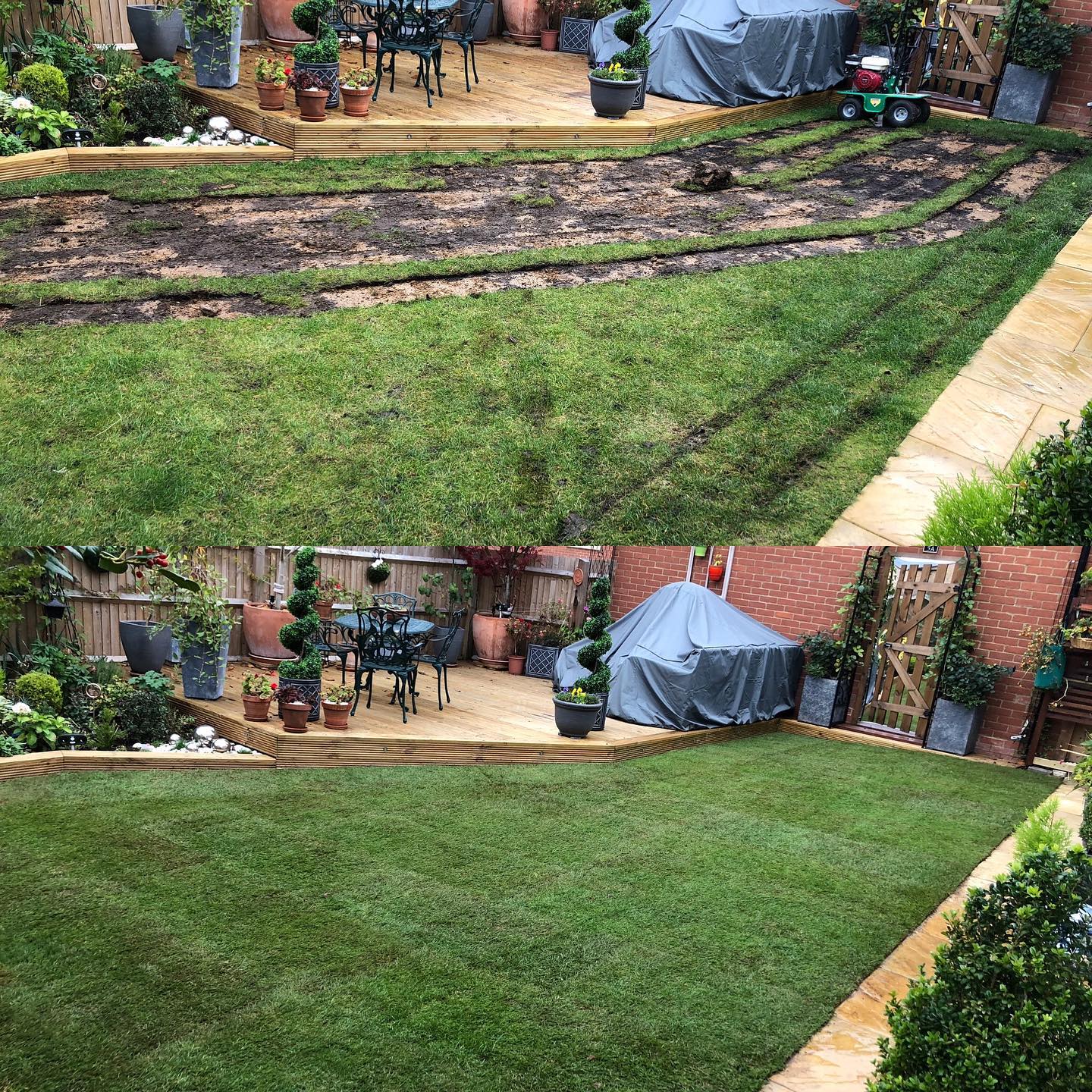 Old uneven lawn stripped off, re-levelled and new turf put down