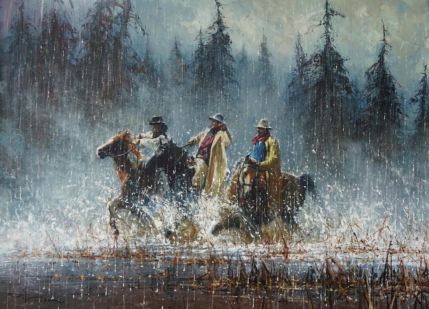 Really wet here in Thailand and it seems to have invaded my cowboy mates gallop thru the swamp on the way to the corner pub!
30 x 40'
And yes Ive been sort of out of action while I work on my ever increasing book of my paintings-well over 200 color pics!!
GASP!
Back stateside next week.