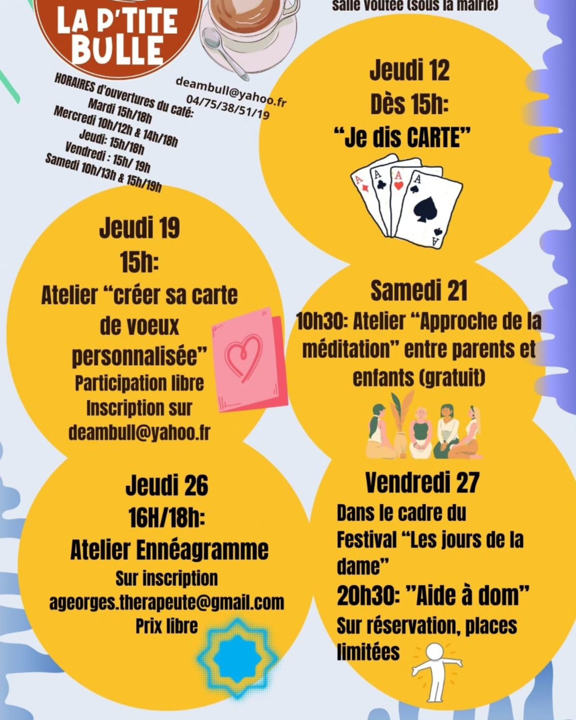 Ce 26 septembre, Audrey Georges anime un atelier sur l'Ennéagramme de 16h à 18h au café asso de Prades.
L'Ennéaquoi ? L'Ennéagramme est un outil de connaissance de soi, nous permettant d'identifier une tendance préférentielle à agir de telle ou telle manière en cas de stress. Par exemple certain profils, vont préférer, face à un conflit, se faire petit quand d'autres vont attiser l'embrouille.
Si l'Ennneagramme nous parle de nos façons d'agir, en aucun cas il vient définir qui nous sommes au plus profond de notre être. Mieux se cerner, oui, mettre dans des cases soi-même ou les autres, non ! Inscriptions obligatoires auprès d'Audrey Georges: ageorges.therapeute@gmail.com
Prix libre.