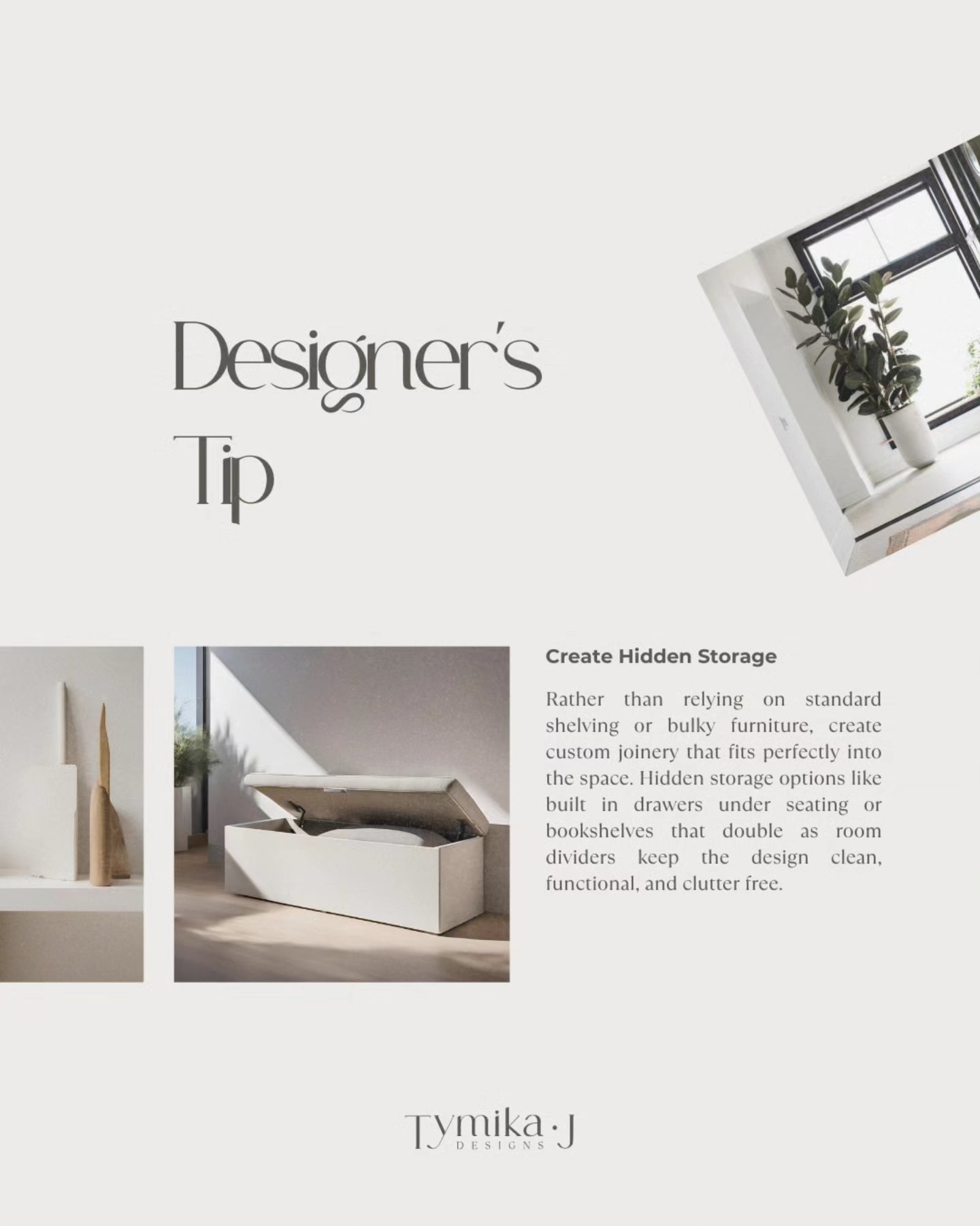 Designers Tip!
Hidden Storage
Rather than relying on standard shelving or bulky furniture, create custom joinery that fits perfectly into the space. Hidden storage options like built in drawers under seating or bookshelves that double as room dividers keep the design clean, functional, and clutter free
#interiordesign #interiordesigninspo #interiortips