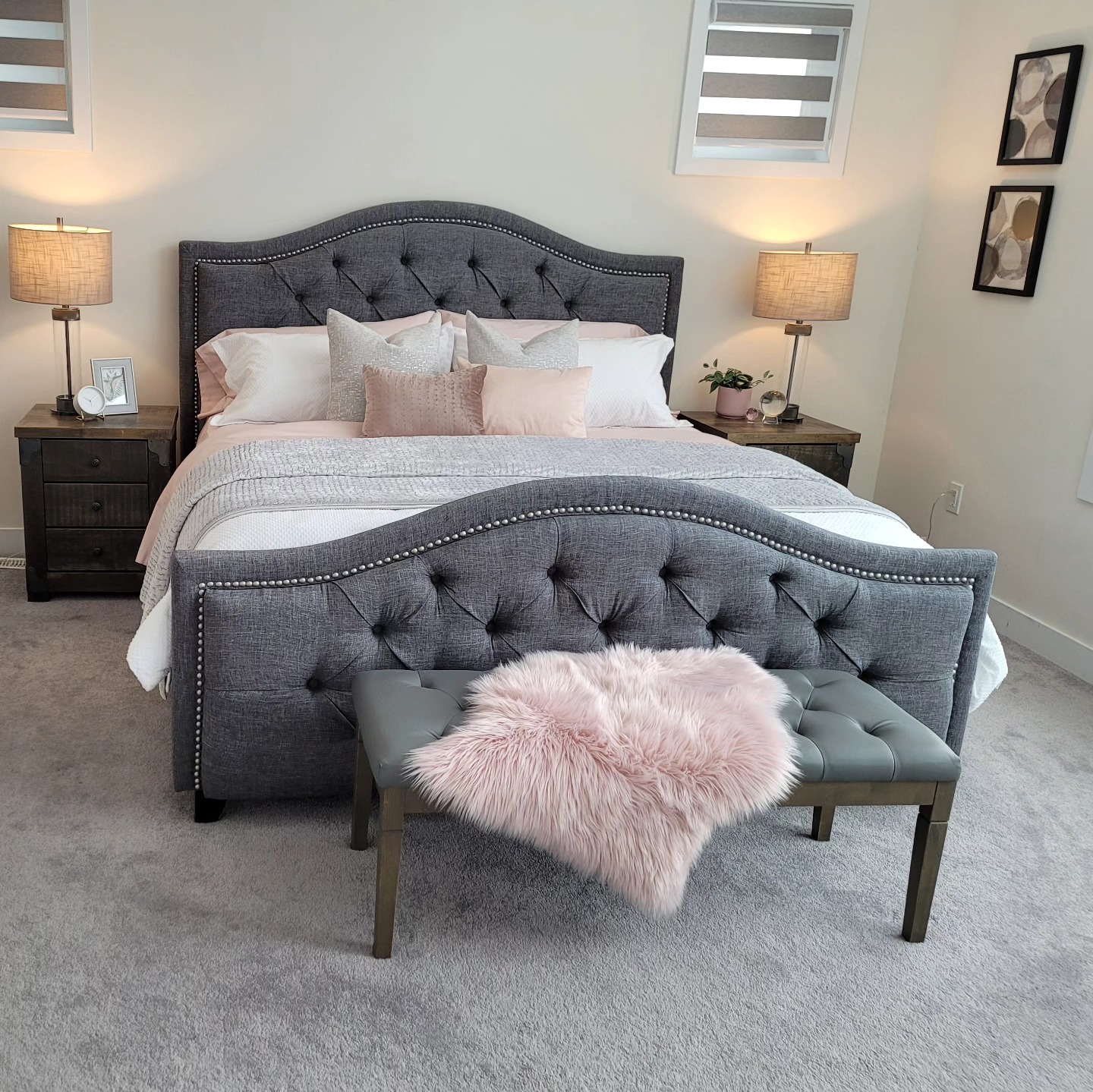 Layers anyone? We didn't hold back on texture either. Primary bedrooms in all listings should make an amazing first impression! #primarybedroominspo #bedroomdecor #greyandpink #pinkaccessories #stagingsellshomes #decoratingbedrooms #classicdecor #bitoflux #luxuriousdecor #collingwoodstaging #collingwoodrealestate #bluemountainrealestate