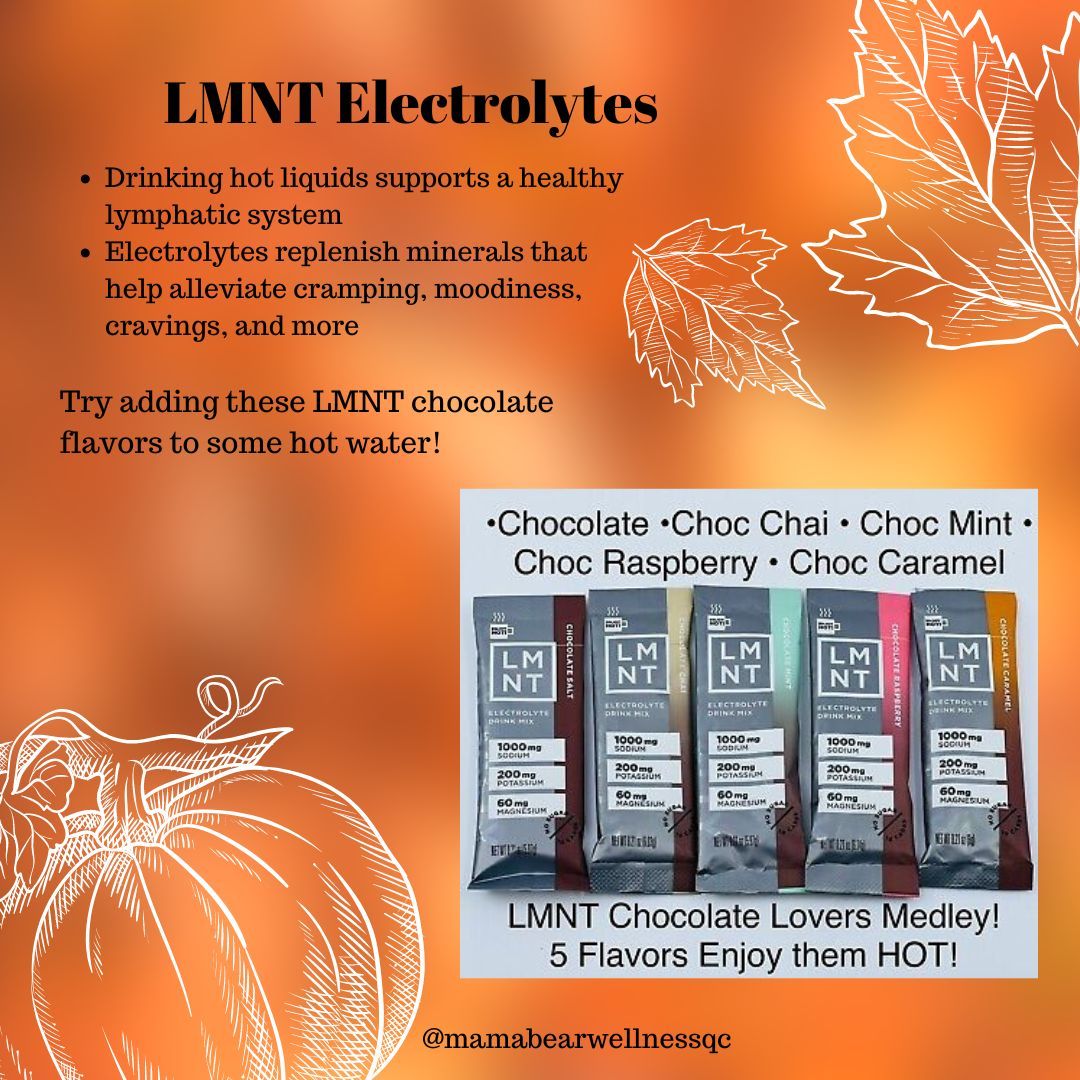 I know I'm probably late to the game here, but I recently made the discovery that the chocolate flavors added to hot water taste like a salted hot chocolate 😮
Deficiencies/imbalances in magnesium, potassium, and sodium are a large contributing factor to cravings, muscle cramps, irritability, and much more. We lose electorlytes through sweat, urine, but also through a poor diet. Try adding these LMNT packets into your routine to help replenish your electrolytes!
Also, drinking hot liquids helps keep your lymphatic system flowing, protecting you from infection and maintaining fluid balance.
#lmnt #mineralbalancing #lymphaticflow @mamabearwellnessqc @qcnaturalhealth