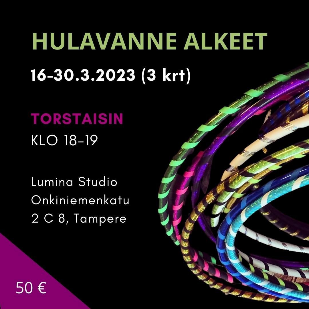 HULAVANNE ALKEET!
Torstai 16.3.-30.3. kello 18-19
Haaveiletko vannetanssista, mutta vanteen pyörittäminen ei onnistu? Kolmen kerran tiiviskurssilla opetellaan pyörittelyä isoilla ja painavilla alkeisvanteilla, joilla kaikki taatusti oppivat pyörittelytekniikan. Aluksi keskitytään vyötäröpyörittelyyn, sitten kokeillaan lantiolla, jaloissa ja rintakehällä pyörittelyä, ja lopuksi siirrytään harjoittelemaan studion muilla kursseilla käytettävillä kevyemmillä temppuvanteilla. Jos ehditään, treenataan myös kädessä pyörittämistä. Pyörittelykurssin jälkeen on helppo jatkaa muille Lumina Studion kursseille, joilla tehdään vannetanssikoreografioita tai treenataan haastavampia vannetemppuja!
TASO
Absolut beginners
KIELI
Suomi
OHJAAJA
Laura Lilja @joogalaura
HINTA
50 € (sis.alv 10%)
Laskutetaan sähköpostitse kurssin alkaessa
ILMOITTAUDU
www.luminastudio.fi/kurssit2023
Huom! Ilmoittautuminen on sitova.
OSOITE
Lumina Studio. Onkiniemenkatu 2 C 8. 4 krs, 33230 Tampere.