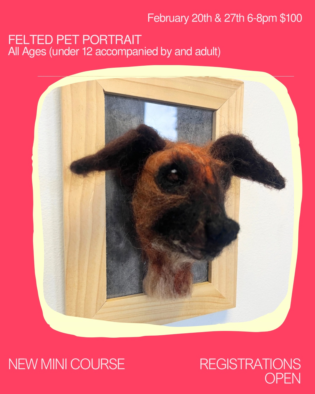 Coming up next are two mini courses and a workshop. We’ve got a Felted Pet Portrait class, Embroidery class and a Collage Your Own Tarot Deck workshop!
Register under the workshops tab on our website.