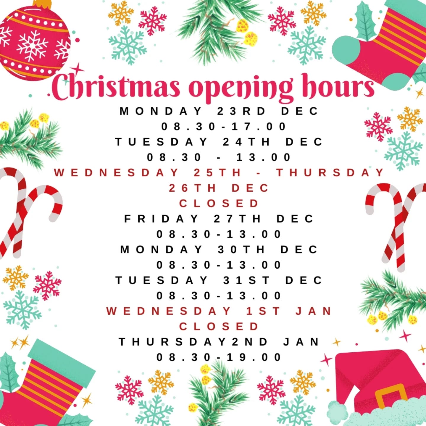 Christmas opening hours
❤️🤍💚