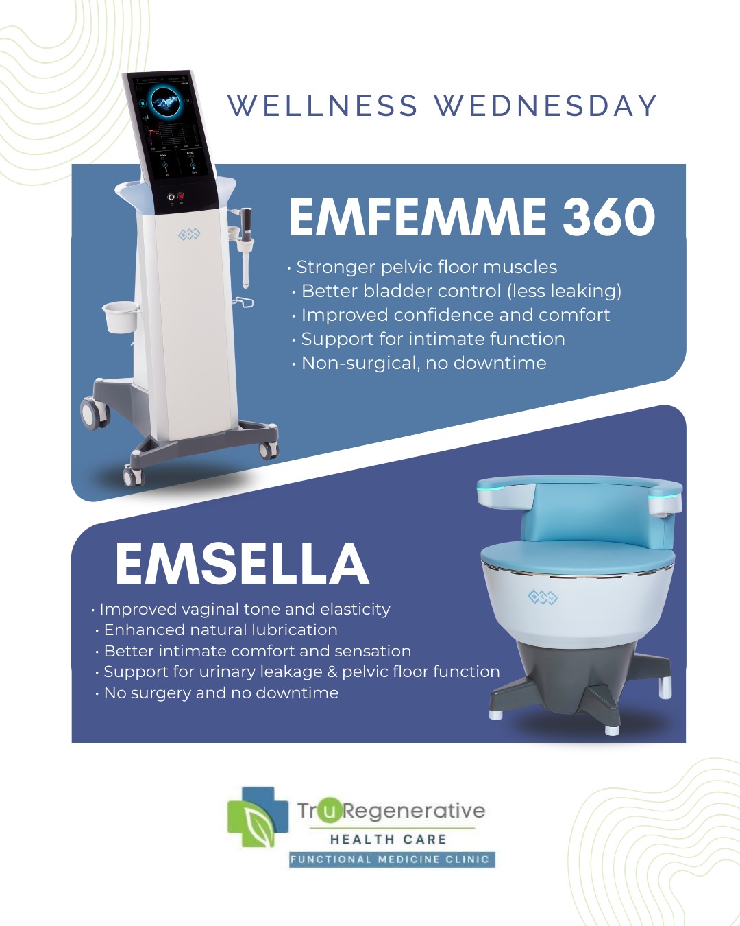 Emsella and EMFemme 360 are non-invasive treatments designed to support pelvic and sexual wellness as women age.
Emsella uses electromagnetic technology to strengthen the pelvic floor muscles, helping improve bladder control, core support, and confidence — all while you remain fully clothed.
EMFemme 360 uses gentle radiofrequency energy to improve vaginal tissue health, supporting collagen production, circulation, comfort, and sensation.
Together, they offer a comprehensive approach by addressing both muscle strength and tissue wellness, helping women feel more comfortable, confident, and supported at every stage of life.
#WomensWellness
#healthyaging #BladderHealth #SexualWellness #Emsella
#EMFemme360 #RegenerativeHealth #TruRegenerative
#TruRegenerativeHealthcare #idaho #idahofalls