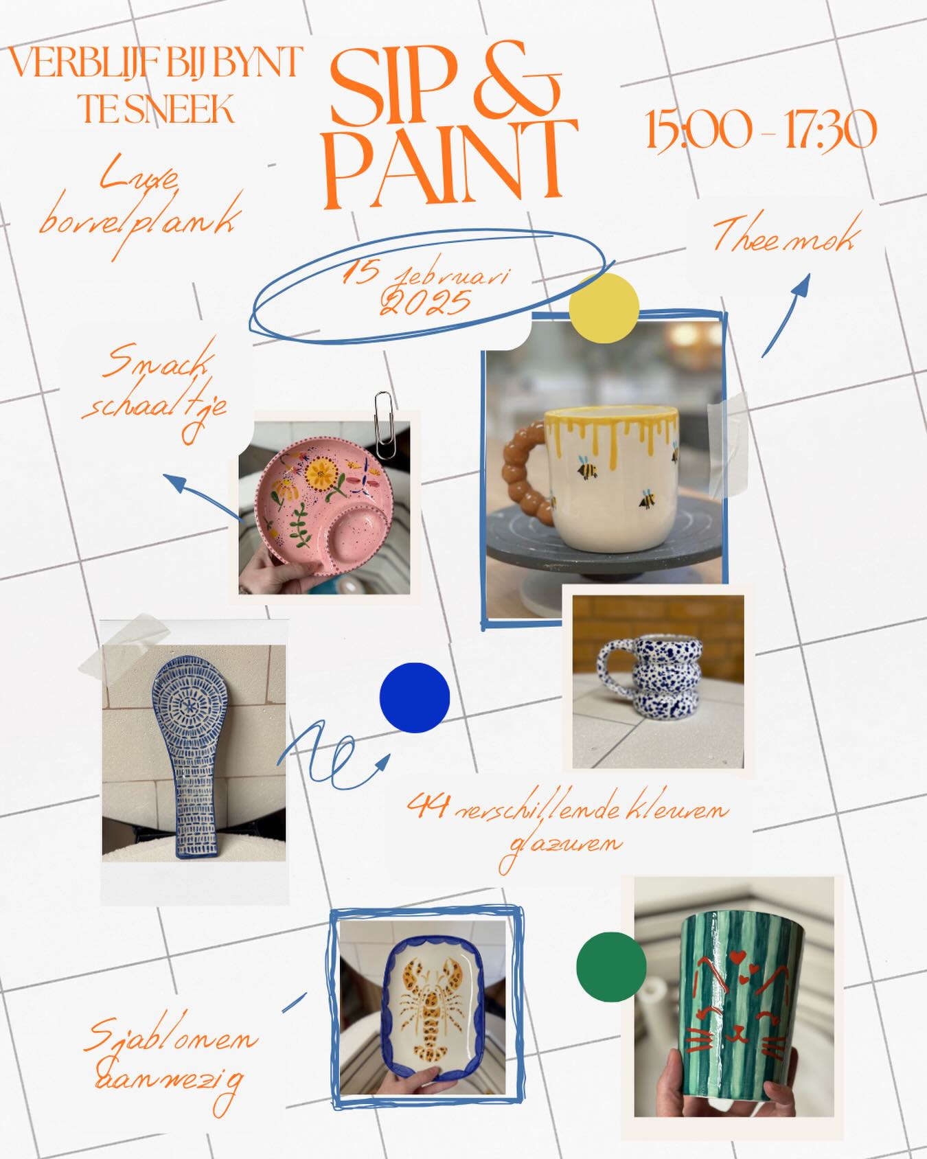 De Sip & Paint op 15 februari komt steeds dichterbij!
Dit is alvast een kleine greep uit de keuzes die er die avond zijn — en geloof ons: er is héél veel moois om uit te kiezen. Er zijn nog een paar plekjes beschikbaar, dus het is het perfecte moment om je aan te melden.
Voor €65 geniet je van een creatieve en ontspannen avond. Je hebt keuze uit 44 verschillende glazuurkleuren en uit een ruim aanbod aan items (primeur met 3 nieuwe items die ook mee gaan!). Tijdens het glazuren word je volledig ontzorgd met een luxe borrelplank vol heerlijke hapjes en is er één consumptie inbegrepen.
Dit alles vindt plaats op een mega leuke locatie: verblijf bij BYNT in Sneek, in een toffe samenwerking waar we superblij mee zijn.
Mega leuk, gezellig en creatief — en de laatste plekjes zijn nog vrij.
Aanmelden kan via de website of per mail.