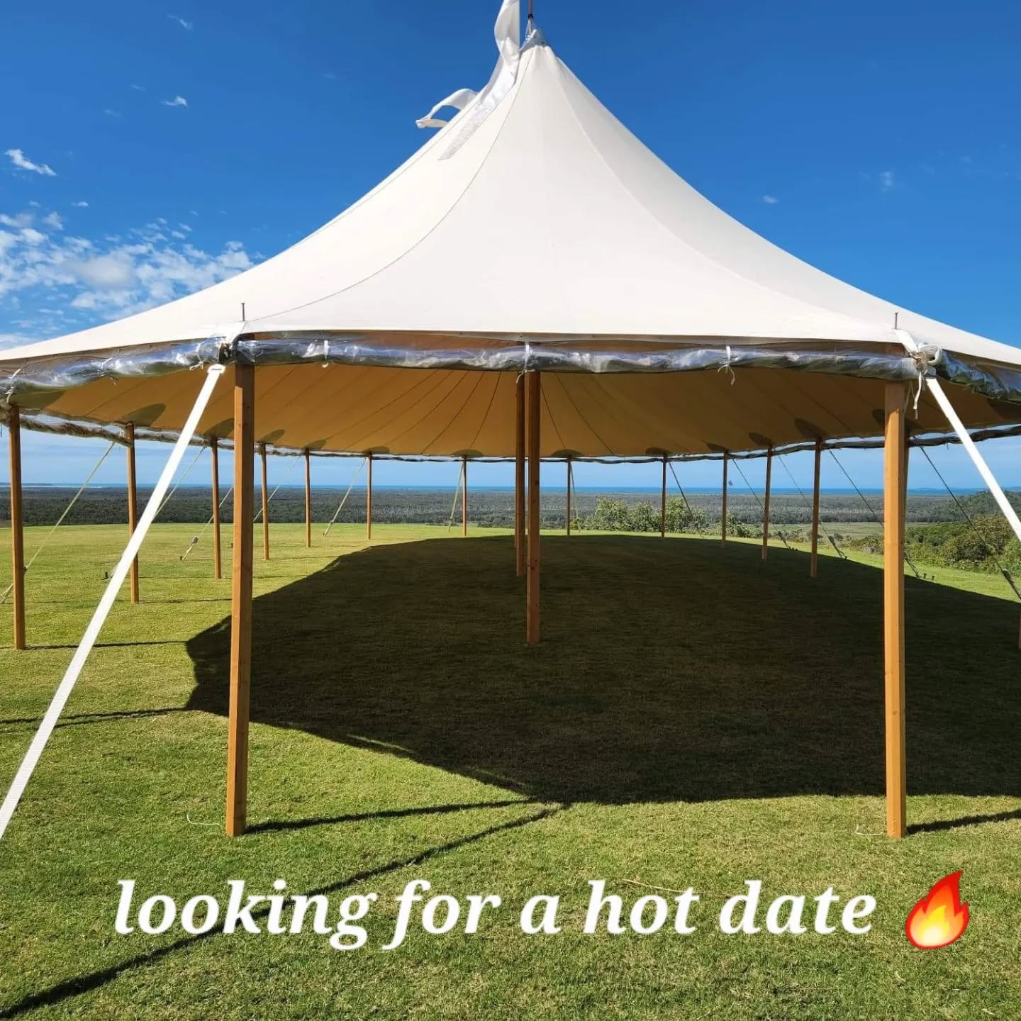 Sometimes dating doesn't always go to plan. Our beautiful Sperry Tent is now footloose, fancy-free and available for the 29th April 2023 after a hot date cancellation. But as a perpetual optimists our Sperry Tent sees this as a great opportunity to meet new people and get back into the dating market.
Likes:
Spending time with friends & family, the great outdoors, meeting new people, loves a romantic sitdown dinner or a fun cocktail party where you can dance the night away with a glass of bubbles 🍾
Dislikes:
Mud, fire, underground services and has an irrational fear of birds after being forced to watch that terrifying Alfred Hitchcock movie 'The Birds' 🐦 🎬 ... way too much bird poo for comfort.
Call 0488 455 414 if you're interested in swapping details and organising a get together. You never know it could be true love ❤️