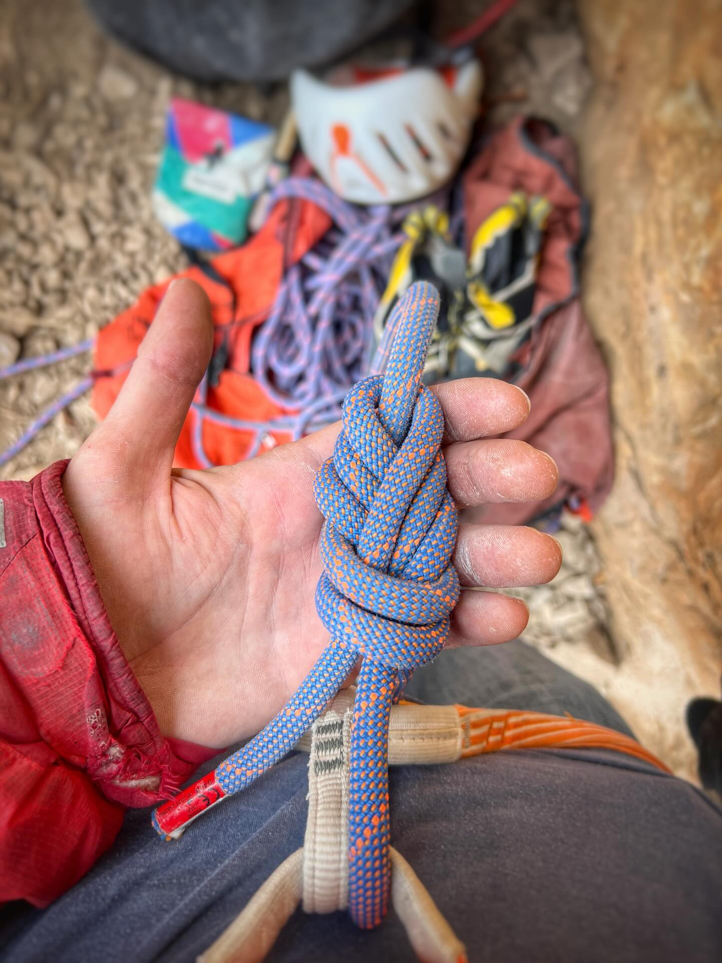 The Yosemite finish. Or is it. My understanding in the original Yosemite finish on an 8 was a Yosemite tuck where you poked the spare tail back through the 8. In this picture you can see the more modern version which has increased in popularity, where there’s an extra wrap in the spare tail, before it disappears back in to the knot, I know this as a Yosemite wrap.
As per yesterday’s post, a good, well tied and dressed 8 with a sufficient tail does not need any sort of finish, the knot is safe and done, so why bother with this finish?
I like it’s neatness, I find it nice to clip the rope in to draws and it comes undone a bit more easily after it’s been loaded due to the extra strand involved (don’t kid yourself it’s not as easy to undo as a bowline as I re-proved to myself falling off 6 or 7 times on my friend’s brand new Joker 😬).
So do I teach this by default?
No.
There’s quite a lot of misinformation about this finish mostly centring around it being weak and prone to capsizing if ring loaded. A badly tied 8 with Yosemite wrap does capsize more easily so why doesn’t that happen to me? I tie it properly, every time, without fail. A properly tied one won’t fail until 20kn+ when ring loaded and that is not a problem.
My personal opinion is that it is however easy to mess up the Yosemite wrap, miss tied by wrapping the wrong direction, or poking through the wrong hole and you’re causing the original 8 to be structurally unsound and not an 8 any more.
So teaching 8’s to beginner, no I don’t teach this, I stick with a standard 8 and yeah, with a stopper.
Why with a stopper?
Many walls / gyms in the UK require an 8 with stopper and it is by far the most common tie in knot in the UK and I think “normal” for beginners is a good thing.
Many people will change to a bowline of some version, a Yosemite wrap or just stick with normal.
Do your knots properly and all the options are good.
8’s are good for my head game, Yosemite wraps are good because I fall a lot, that’s why I use them.
#knots #belay #climbing #falling