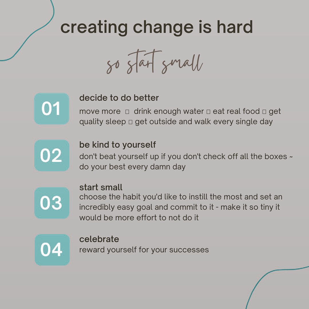 I am inspired and motivated daily by my clients. I see first hand the stresses of living in this pandemic. The toll it is taking on our mental health and our physical bodies. I wish I could wave a magic wand 🧚 and everyone would feel better. The compound effect of all of the little things you are not doing have been costly. Not leaving the house to get to work, not moving around, getting away at lunchtime, not making your way back home. Just one long day at home working at your hacked work station. I hope you are motivated to implement some of the small suggestions I’ve made here over the past weeks to change things up and give yourself a break. 🌞🌞🌞 Change is Hard so start small.
Maybe choose just one aspect of your lifestyle that you would like to change and start with that one thing. Commit to sticking with it for the long haul. When you feel confident that you’ve mastered one tiny thing move on down your list.
As simple as that. You will have made an investment in yourself and you’ll be on the path to improving your good daily habits and eliminating the habits that are not serving you.
Momentum is a wonderful thing. Once you get a taste of the good feelings associated with one small change you will be motivated to add to it. Think of it as stacking your (good) habits.
Today is a good day to start. Or tomorrow.
This is a process not a single event.
Be kind to yourself + celebrate the wins.
#startsmall
#newroutines
#priorities
#drinkmorewater
#selfcare
#workingfromhome
#worklife
#lifework
#balance
#thesearechallengingtimes
#you’vegotthis
#setatimer
#goodpractice
#buildingyourawarenessforselfhealing