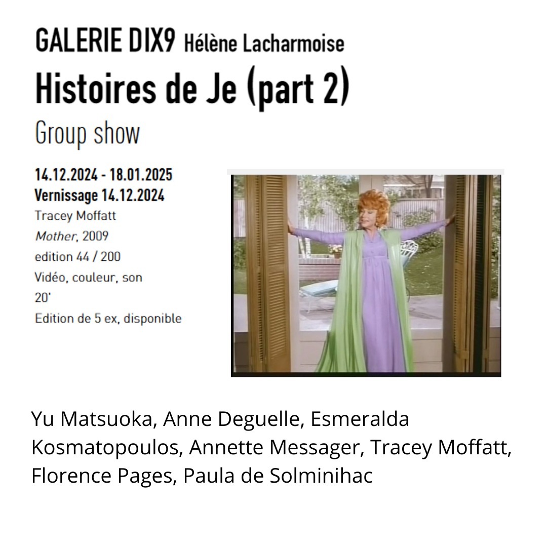HISTOIRES DE JE (part 2)
Group show
14.12.2024 - 18.01.2025
Vernissage 14.12.2024 de 18h à 21h
@galeriedix9
Avec :
Yu Matsuoka, Anne Deguelle, Esmeralda Kosmatopoulos, Annette Messager, Tracey Moffatt, Paula de Solminihac
« Histoires de je (part 2)» poursuit une série d’expositions à la Galerie Dix9 où sont présentées des œuvres centrées sur la quête d’identité.
La rencontre d’artistes contemporains issus de contextes culturels et géographiques variés constitue l’une des forces majeures de cette série. Dans cette seconde partie, l'accent est mis sur des artistes femmes, mêlant artistes célèbres et artistes émergentes. L'exposition met en lumière la diversité de leurs approches autour d’un même questionnement sur l'idéntité : autoportraits, jeux de masques, récits fictifs, quête identitaire à travers l’autre ou recherche de l’autre en soi. Ces réflexions explorent également des thématiques liées à l’image de l’artiste, du spectateur, de l’enfant ou encore de la mère.
Les artistes expriment ces questionnements à travers une multitude de mediums : vidéo, photographie, sculpture, peinture, dessin, ou encore installation. L’objectif n’est pas seulement de présenter des œuvres qui véhiculent un sens, mais aussi de révéler la manière dont ce sens est construit.
Un grand Merci à Helene!
et à @hcivofisadaza commissaire d'exposition
#galeriedix9 #galerieparis #lemaraisparis #ruedesfillesducalvaire #artcontemporain #arttextile
