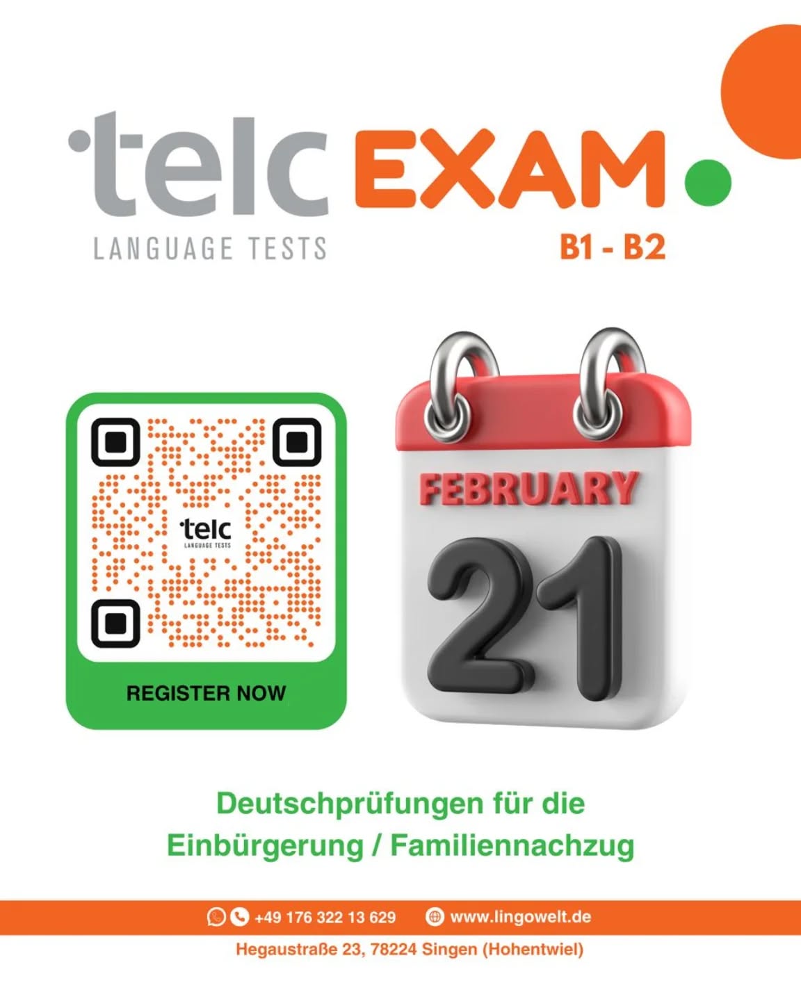 Are you ready for your telc B1-B2 exam? 🗓️ Join us on February 21st in Singen for your official language certification. Perfect for those applying for citizenship or family visas.
Secure your spot today at www.lingowelt.de or call us at +49 176 322 13 629! ✍️✨