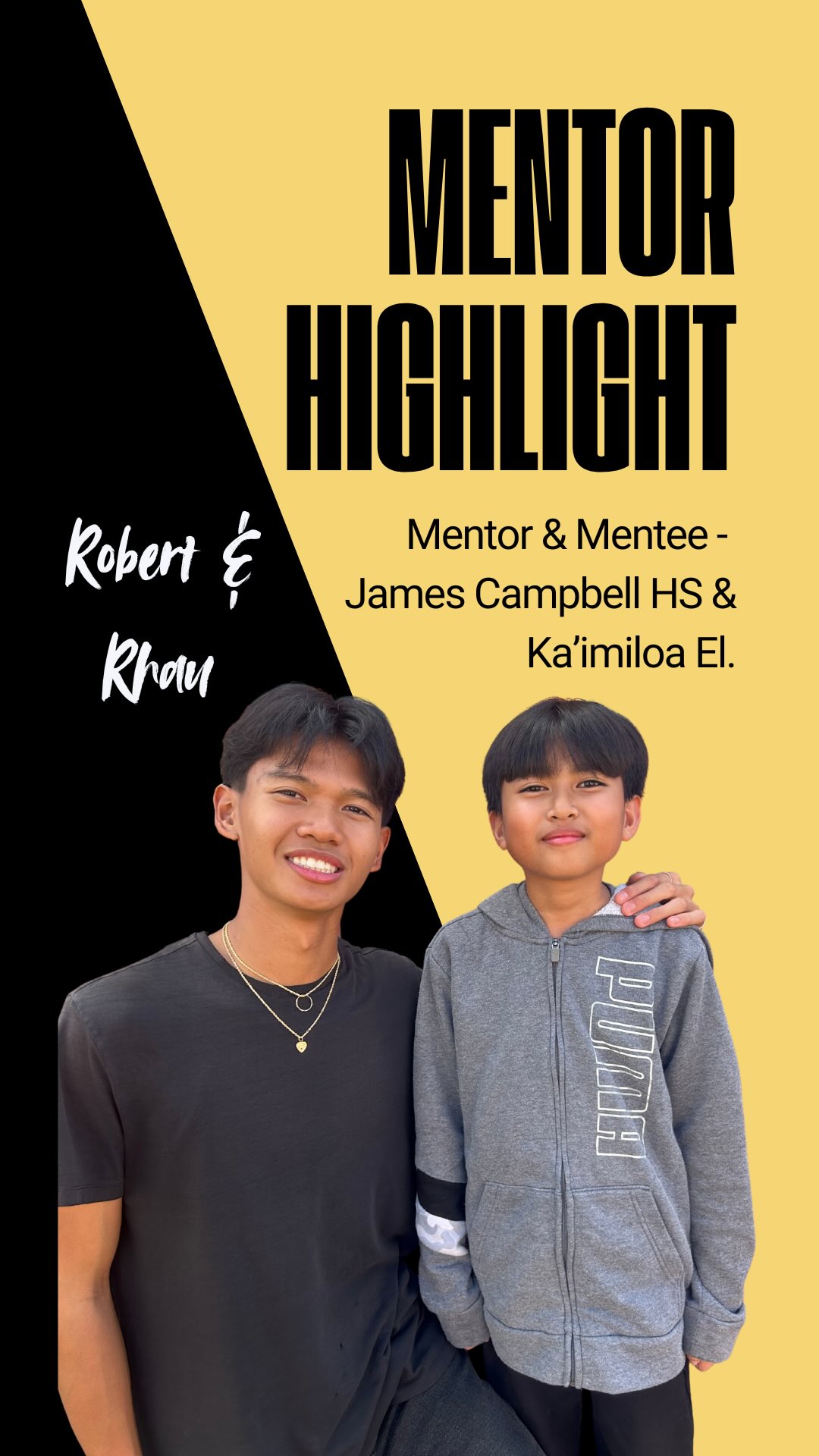 This is Robert, a student from James Campbell High School! He shares his reasons as to why he chose to be a Mālama Mentor and what he hopes for his mentee, Rhau!💚
Comment down below a “☀️” to show how bright a mentee’s life can be when they have a mentor!
#OneonOneMentoring #MentoringMonth