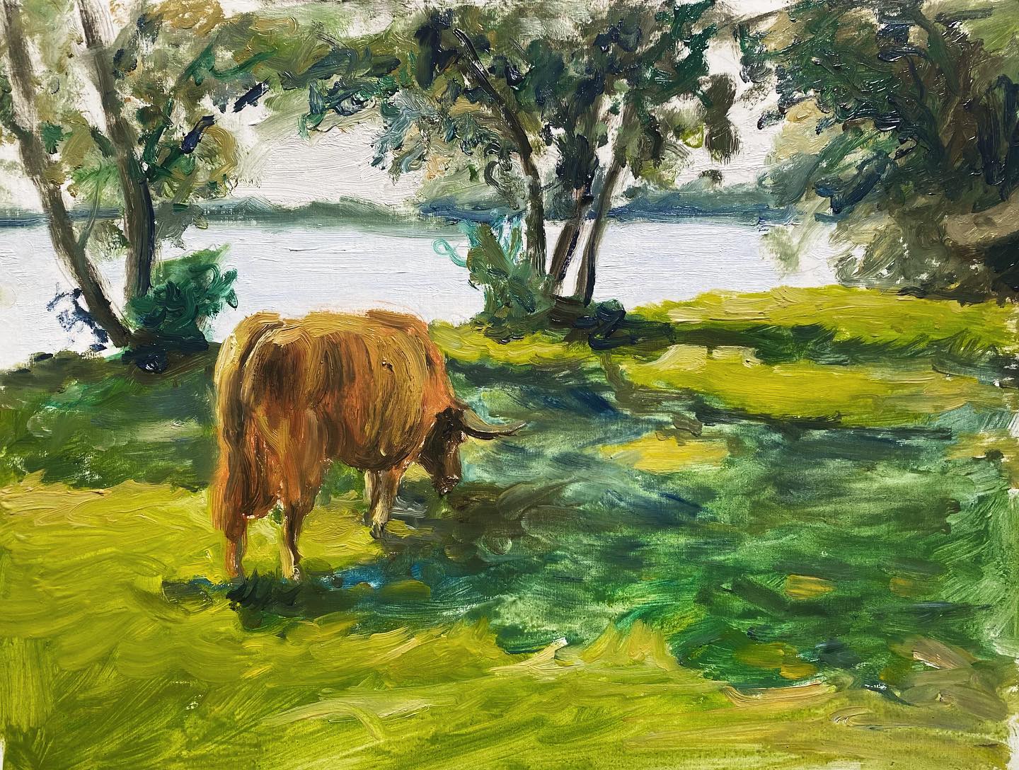 One of the few sunny days we had this summer. Perfect day to take a swim and encounter some highland cattles (Schotse hooglander) spontaneously at #denieuwemeer. 31 x 25 cm, oil.
#oilpainting #dutchnature #painting #dutchscenery #amsterdamsezomer #schotsehooglander #quickpainting #highlandcattle #cowart #art #olieverf #nederlandsenatuur