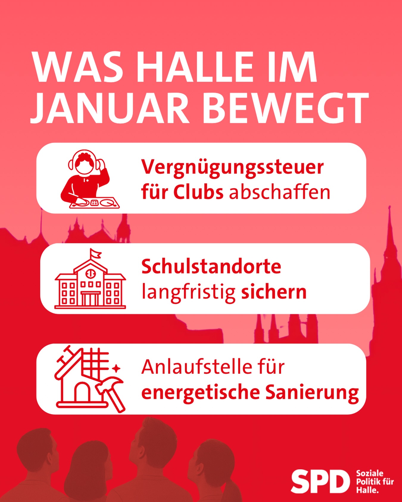 𝗪𝗮𝘀 𝗛𝗮𝗹𝗹𝗲 𝗶𝗺 𝗝𝗮𝗻𝘂𝗮𝗿 𝗯𝗲𝘄𝗲𝗴𝘁
Heute findet die Januar-Sitzung des Stadtrates statt. Die Tagesordnung ist sehr voll, deshalb lohnt sich ein Blick auf einige Highlights.
𝗩𝗲𝗿𝗴𝗻ü𝗴𝘂𝗻𝗴𝘀𝘀𝘁𝗲𝘂𝗲𝗿 𝗳ü𝗿 𝗖𝗹𝘂𝗯𝘀 𝗮𝗯𝘀𝗰𝗵𝗮𝗳𝗳𝗲𝗻
Wir wollen, dass Clubs und Veranstalter nicht länger mit einer Steuer ausgebremst werden, wenn sie Kultur und Nachtleben in die Stadt bringen. Statt den Bass zu besteuern, sollte Halle die Szene stärken und Planbarkeit schaffen.
𝗦𝗰𝗵𝘂𝗹𝘀𝘁𝗮𝗻𝗱𝗼𝗿𝘁𝗲 𝗹𝗮𝗻𝗴𝗳𝗿𝗶𝘀𝘁𝗶𝗴 𝘀𝗶𝗰𝗵𝗲𝗿𝗻
Wir wollen, dass Halles Schulnetz verlässlich bleibt und nicht ständig nach dem Prinzip Umzugskarton organisiert wird. Gute Standorte müssen gesichert, Übergänge klug geplant und Schülerinnen und Schüler vor hektischen Zickzack-Entscheidungen geschützt werden. Für die @kgs_hutten werden wir zudem ein zusätzliches neues Gebäude beantragen.
𝗔𝗻𝗹𝗮𝘂𝗳𝘀𝘁𝗲𝗹𝗹𝗲 𝗳ü𝗿 𝗲𝗻𝗲𝗿𝗴𝗲𝘁𝗶𝘀𝗰𝗵𝗲 𝗦𝗮𝗻𝗶𝗲𝗿𝘂𝗻𝗴
Wir wollen eine zentrale Anlaufstelle, die Beratung, Fördermittel-Check und Antragshilfe bündelt, damit Sanieren endlich einfacher wird. Wer sein Haus energetisch fit machen will, sollte nicht erst einen Behörden-Parcours absolvieren müssen. Halle braucht einen klarer Eingang statt zehn Türen, damit mehr Menschen sanieren können und Energiekosten sinken.