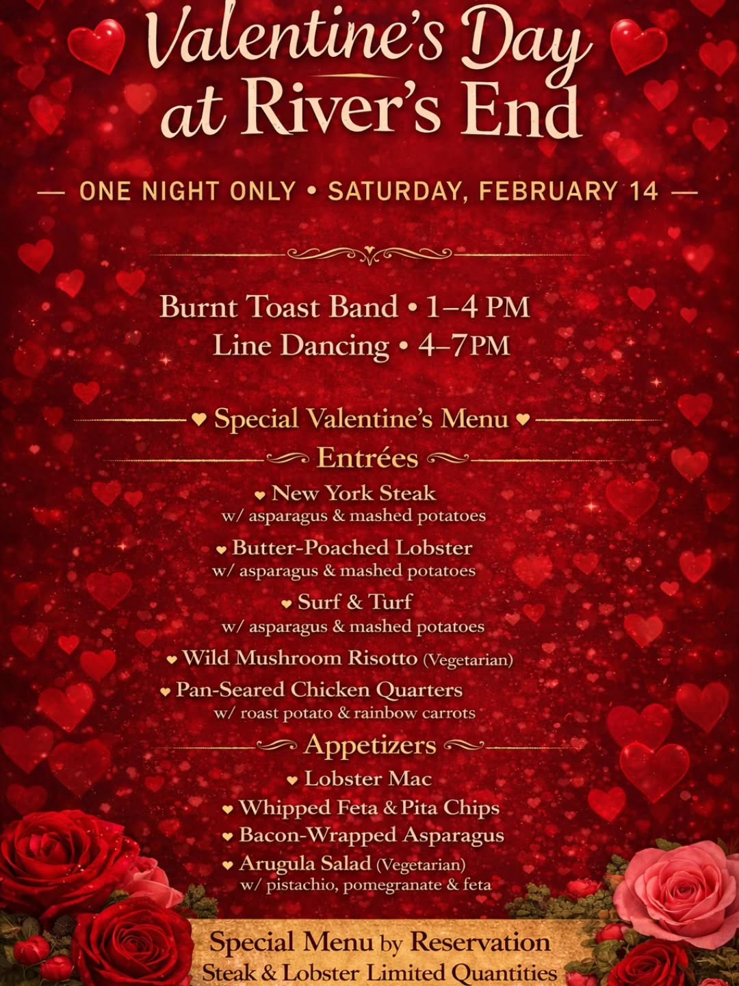 Please call The Pub at 661-727-0724 for reservations.
We have a whole menu of very special treats for our love birds this year!
Come join us to celebrate the best thing of all, LOVE, down here at The Pub!