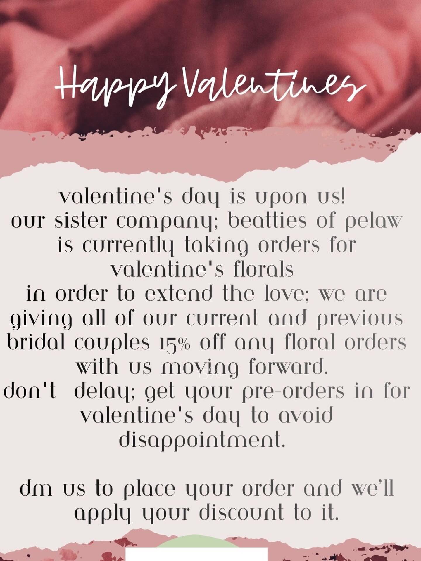 Valentine’s Day is coming
Our sister company Beattie’s of Pelaw is taking orders for Valentine’s Day flowers.
In order to extend the love we have decided to give all of our previous and current bridal couples booked with us 15% of their floral orders moving forward.
we loved being part of your wedding and we want to be to be able to continue our relationship with you by offering stunning and florals following your wedding and Event - we can even re-create your bridal bouquet for your first anniversary .
in order to book please DM us with your order and we will apply the discount to it for you returning with the payment link.
We also deliver across the whole of the Northeast so delivery or collection is an option.
@beattiesofpelaw
#shoplocal #weddingflorals #floralgifts #gatesheadflorist