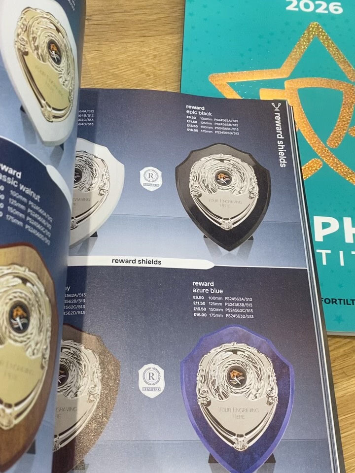 The new 2026 catalogues are now available, they are bursting with new awards alongside all your old favourites.
You can pick up physical catalogues from our shop or browse the online versions from the “browse brochures” tab on our website. If you are looking for awards then please remember we offer free engraving on trophies (trophies that include an engraving plaque). We won’t be beaten by online national companies; better pricing, much better service and a smile!