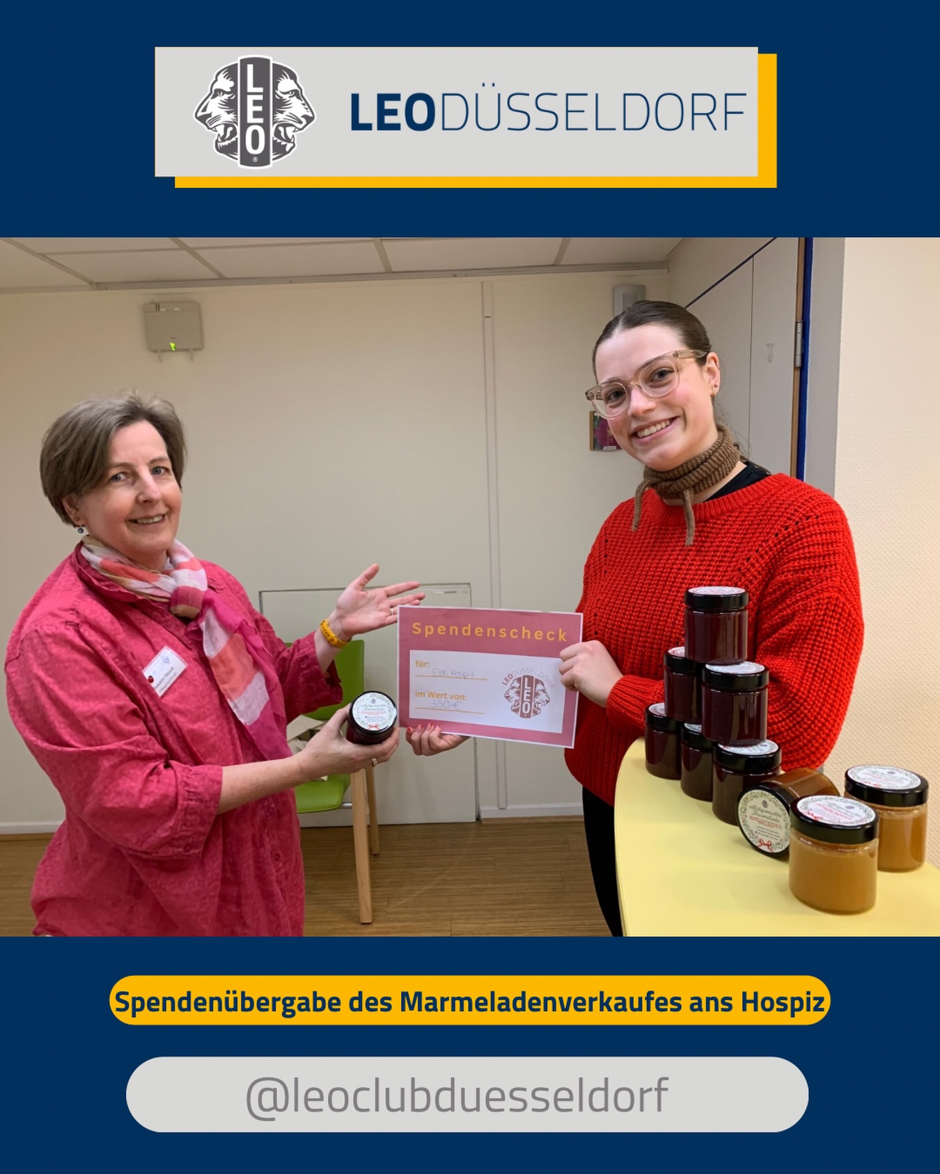 • Spendenübergabe des Marmeladenverkaufs an das Hospiz des @evkduesseldorf •
350 € & 16 Gläser Marmelade persönlich überreicht. ✨🍒🍎
Kleine Gläser, große Wirkung. ❤️
#evkdüsseldorf #hospizdüsseldorf #leoclubdüsseldorf #lionsdüsseldorf #spende selbstgemachtemarmelade weihnachtsmarkt gutestun ehrenamt