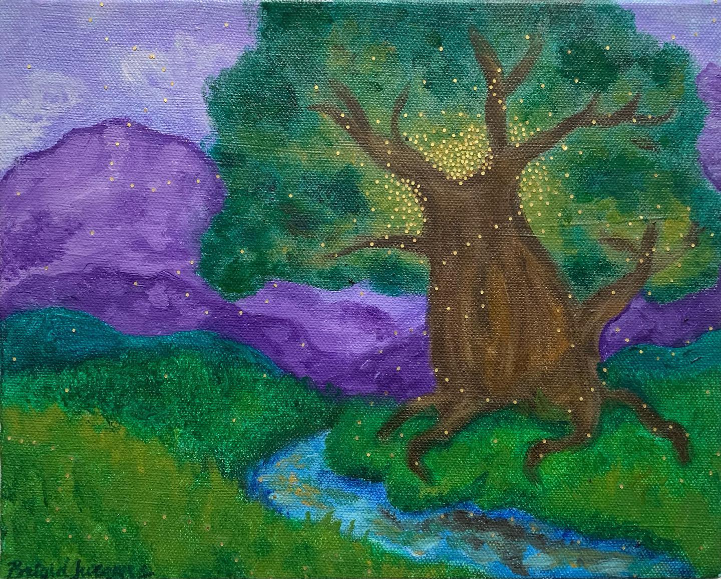 Pixie Hollow Tree
Oil on Canvas and Glitter
5” x 9”
My final art project of college that I did just for funsies… my phone camera doesn’t do the glitter justice (I placed each piece of gold glitter individually)