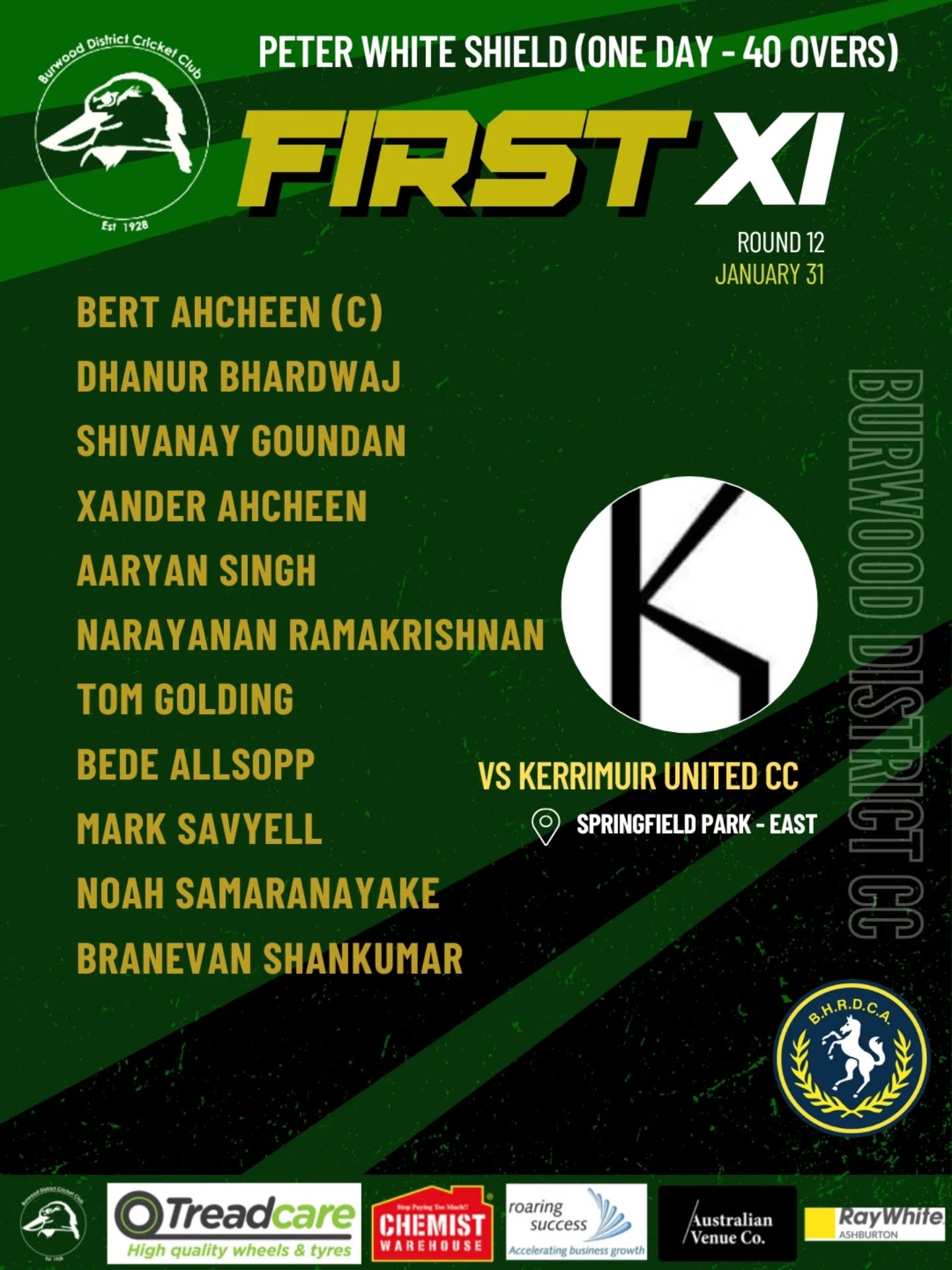 🏏 WEEKEND MATCH PREVIEW | BDCC – UPCOMING ROUNDS 💚💛
Another important weekend ahead for Burwood District Cricket Club, with all five sides back in action across home and away fixtures. Clear plans, strong intent, and backing each other will be key across every grade.
🟡 1ST XI
Opponent: Kerrimuir United CC
Competition: Peter White Shield (One day)
Oval: Springfield Park – East Oval
A challenging away fixture for the 1s. A great opportunity to stay patient, build pressure, and compete hard across sessions.
🟢 2ND XI
Opponent: Laburnum CC
Competition: C Grade (One day)
Oval: Hartwell Sports Ground – East Oval
Back at home, the 2s will look to control the contest with disciplined execution and sustained intensity.
🟡3RD XI
Opponent: Forest Hill CC
Competition: E Grade (One day)
Oval: Terrerra Park – East Oval
A one-day clash on the road for the 3s. Focus on sharp skills, smart decisions, and strong teamwork throughout the day.
🟢 4TH XI – BDCC
Opponent: Forest Hill CC
Competition: F Grade (One day)
Oval: Hartwell Sports Ground – West Oval
Another home game for the 4s as they look to bring energy early and maintain momentum with a complete team effort.
🟡 VETERANS XI
Opponent: Box Hill North Super Kings CC
Competition: Vets A Division (One Day)
Oval: Hartwell Sports Ground – East Oval
Experience and composure will be key as the Vets take on another competitive one-day contest.
💚🐏 One club. One focus. Let’s turn preparation into performance. Go well, BDCC!