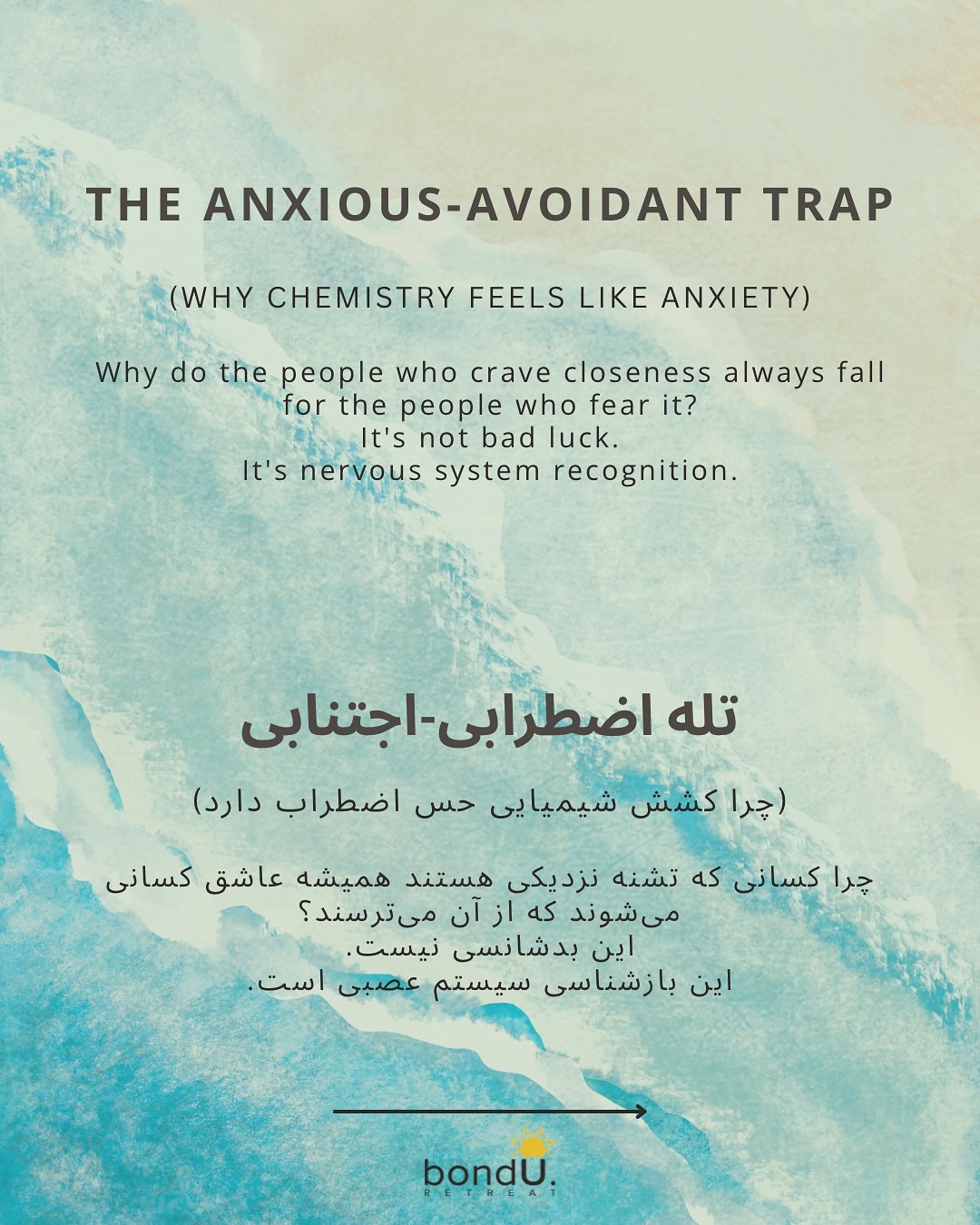 If you have to “earn” their love, that isn’t chemistry. That is anxiety.
We often call the Anxious-Avoidant dynamic a “toxic” relationship. But in somatic therapy, we view it differently: It is a biological mismatch of safety needs.
Here is the tragedy: The Anxious partner regulates their nervous system through Connection. (To feel safe, I need to be close). The Avoidant partner regulates their nervous system through Separation. (To feel safe, I need to be alone).
When stress hits the relationship, you trigger each other’s deepest survival fears. The Anxious person chases, which confirms the Avoidant’s fear that “People will suffocate me.” The Avoidant runs, which confirms the Anxious person’s fear that “People will abandon me.”
It feels like a soulmate connection because it feels familiar. Your nervous system recognizes the chaos. It feels like “Home,” even if Home was a painful place.
Healing starts when you stop chasing the “high.” Real love doesn’t feel like a rollercoaster. It feels like the brakes finally working.
Swipe to understand the mechanics of this trap. 👉
Question: Which role do you usually play? The Chaser (trying to fix it) or the Runner (needing space)?
Let me know below. 👇
#anxiousattachment #avoidantattachment #attachmenttheory #relationshipadvice #nervoussystemregulation #healingtrauma #codependency #breakthecycle #somatichealing #secureattachment
#دلبستگی_اضطرابی #دلبستگی_اجتنابی #تئوری_دلبستگی #روانشناسی_رابطه #تراپی #سیستم_عصبی #طرحواره_درمانی #عشق_سالم #خودشناسی #بهبودی